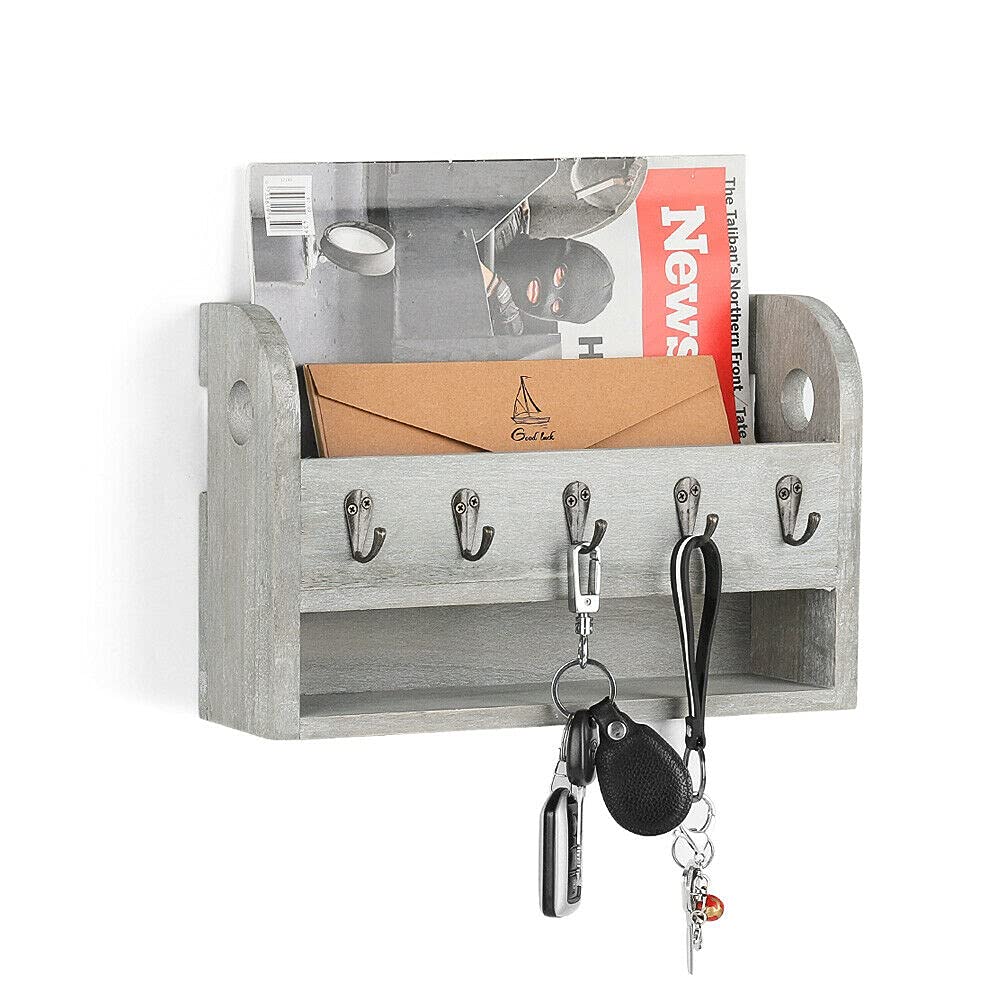 Rustic Wall-Mounted Wooden Key Hook Rack with 5 Hooks - Letter Holder & Newspaper Organizer - Durable Home Entryway Decor for Keys, Mail & Essentials