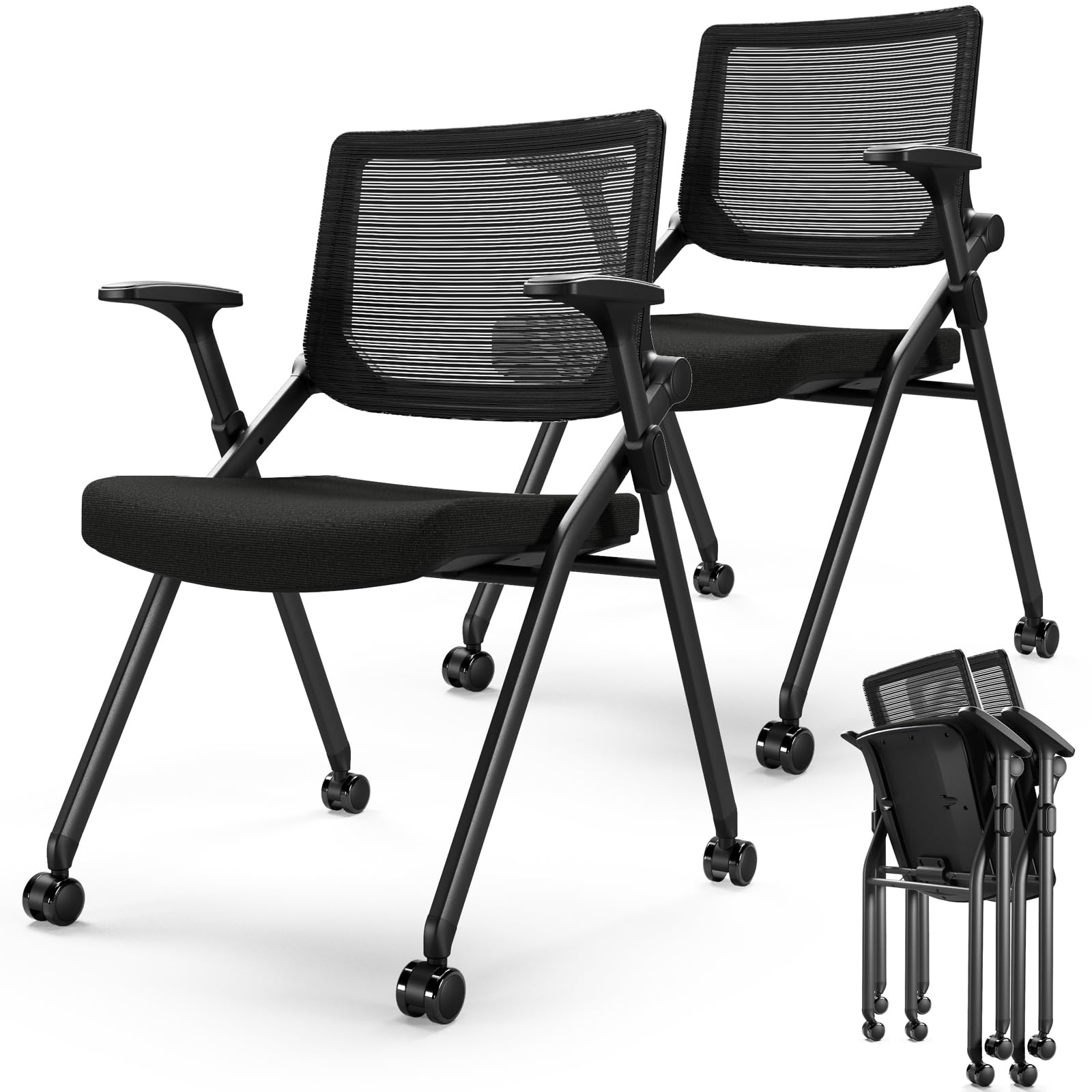 FYLICA 2-Pack Foldable Office Chairs with PU Wheels - Ergonomic Mesh Back Support, Stackable Conference Room Chairs for Guest Reception & Meetings (Black) - Perfect for Home Offices, Coworking Spaces & Business Meetings