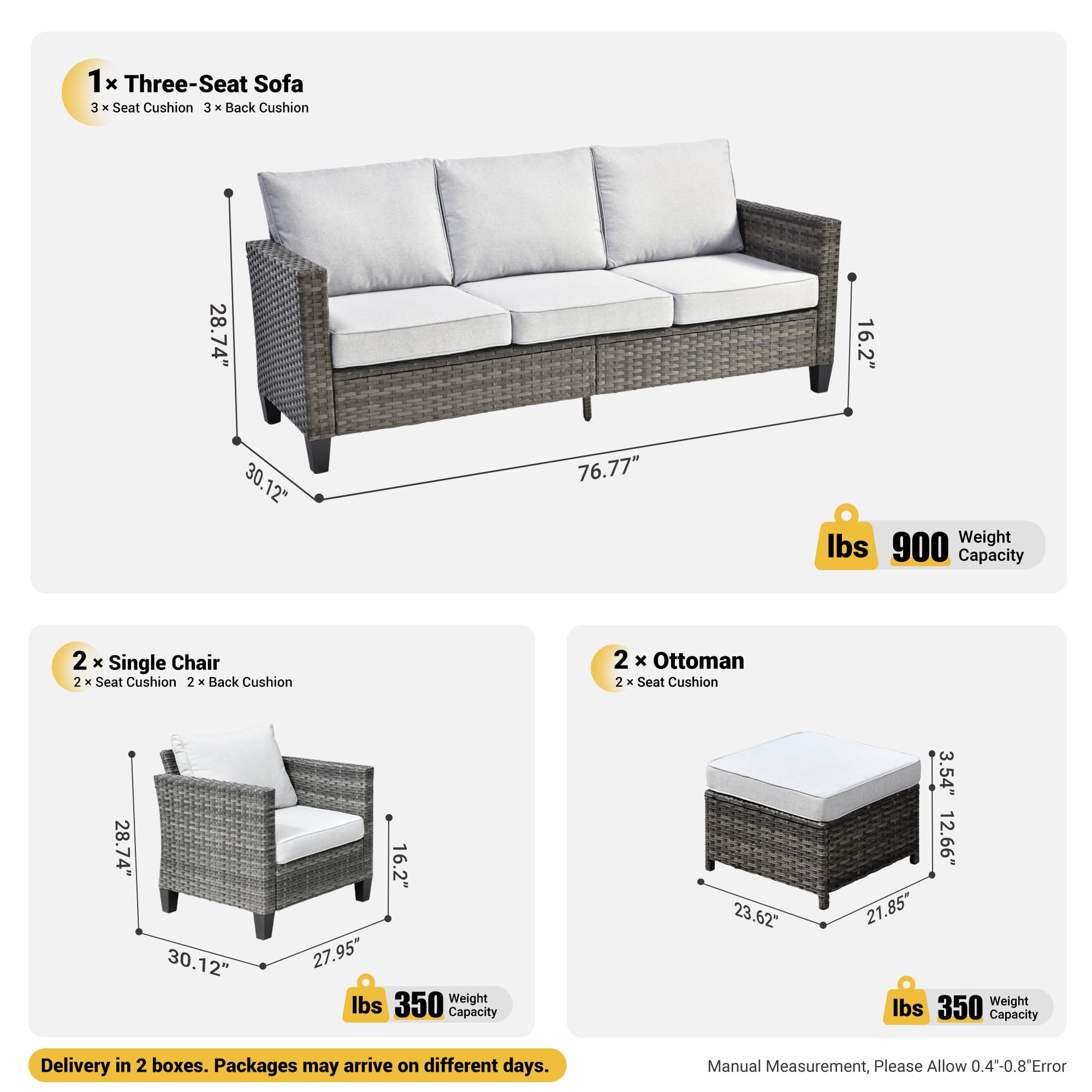 5-Piece Outdoor Patio Furniture Set - All-Weather Wicker Rattan Sofa with Chairs, Ottomans & Cushions - High Back Conversation Set for Garden, Backyard, Poolside (Grey) - Perfect for Relaxing & Entertaining Outdoors