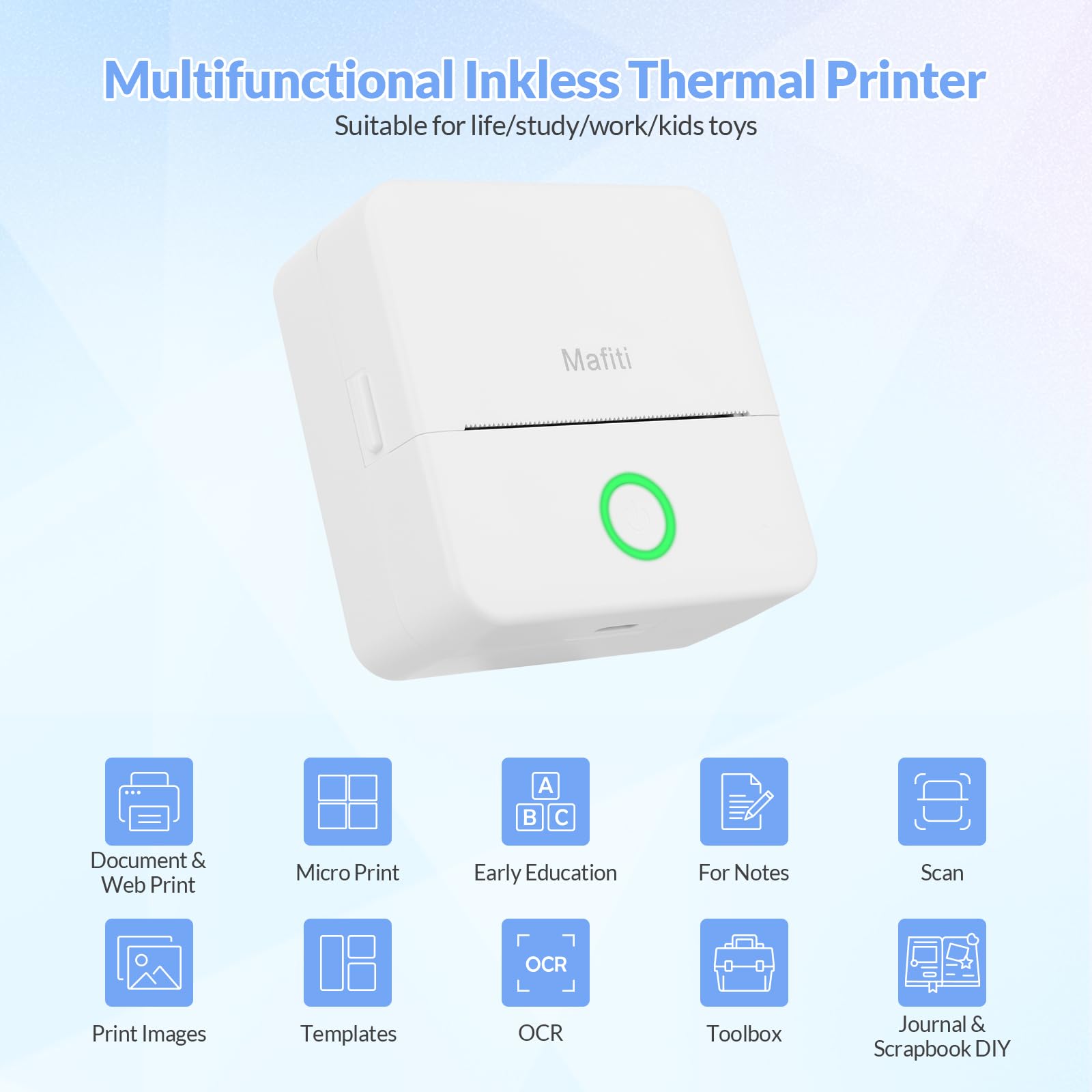 MAFITI Portable Thermal Pocket Printer - Inkless Bluetooth Mini Wireless Sticker Label Maker for Scrapbooking, Journaling & Organization | Includes 1 Roll Thermal Paper | Perfect for DIY Crafts, Home Office & School Projects