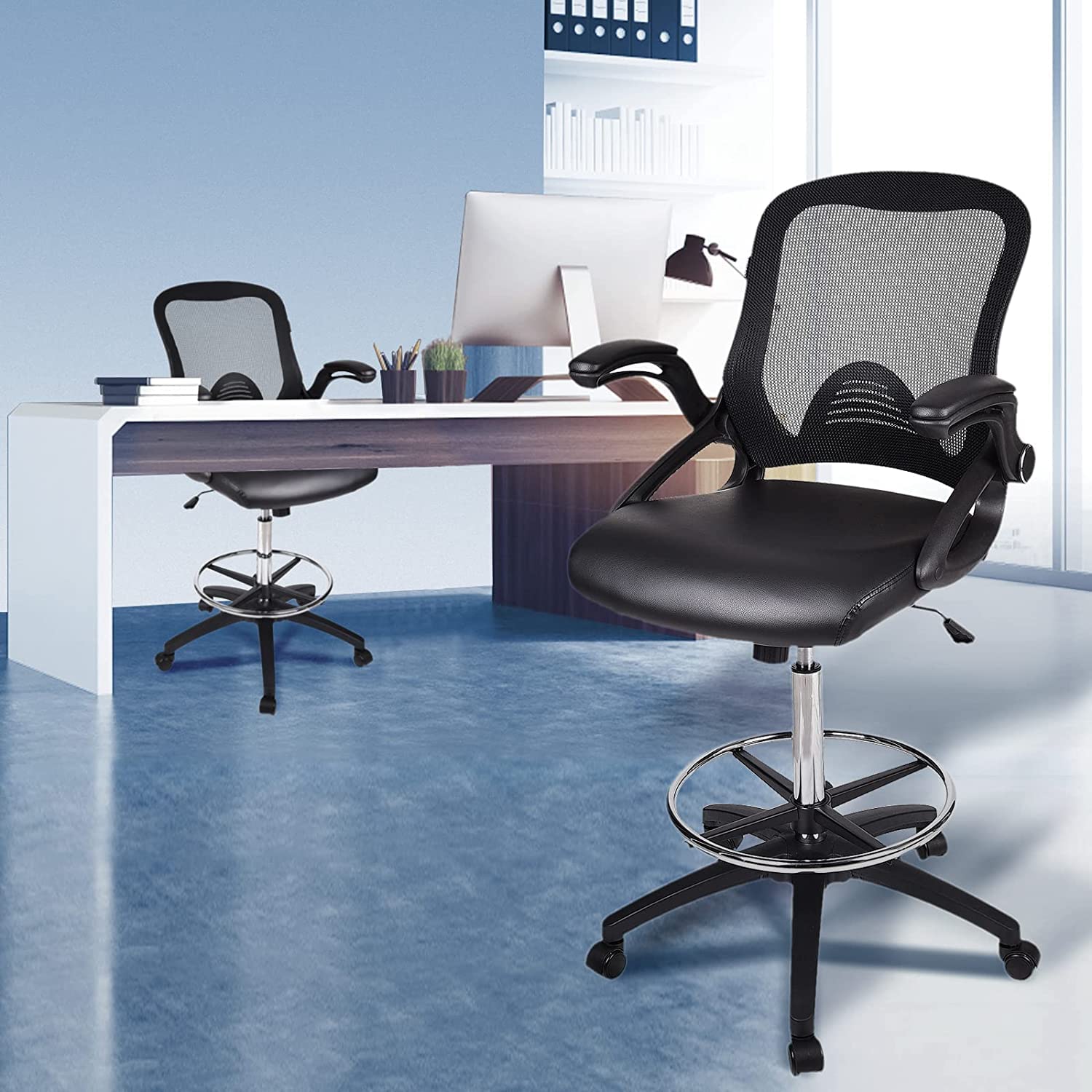 ARTETHYS Drafting Chair with Flip-Up Armrests - Adjustable Height Office Chair for Standing Desks, Rotating PU Leather Seat (Black) - Perfect for Architects, Artists & Home Office Workspaces