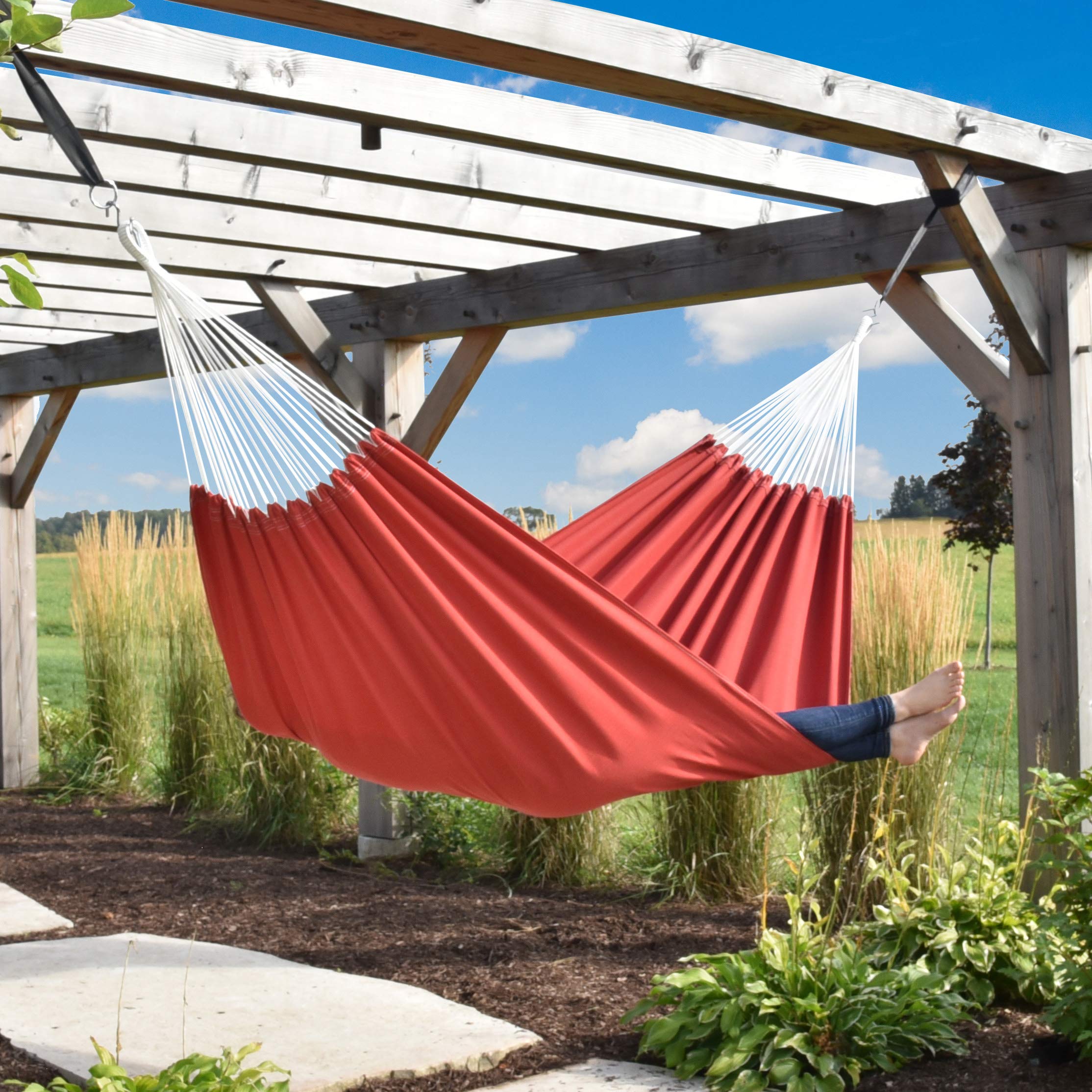 Vivere Double Brazilian Fade and Weather-Resistant Hammock (Crimson) - Perfect for Backyard, Camping, Beach & Outdoor Relaxation
