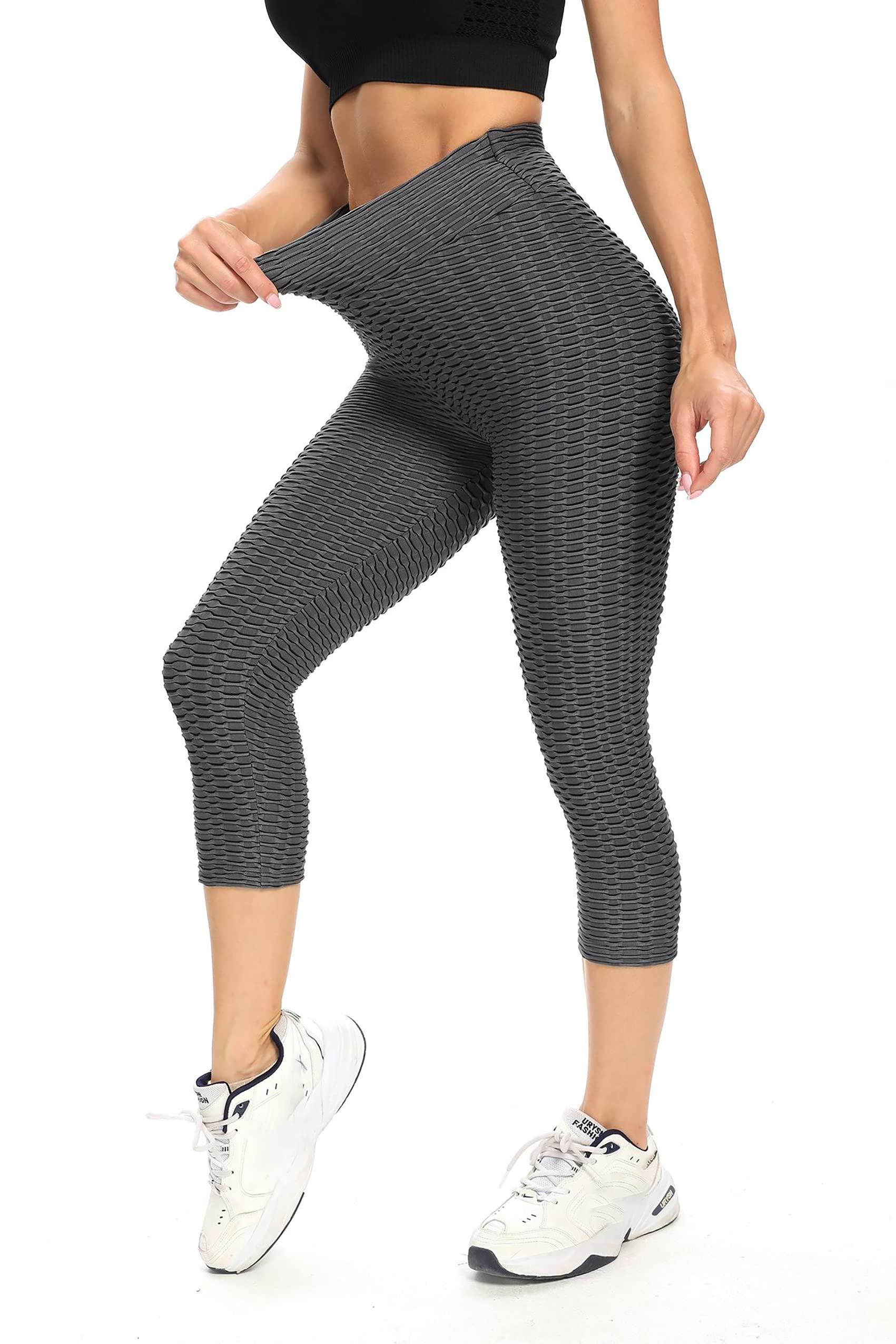 Women's High Waist Yoga Pants - Tummy Control Workout Capri Leggings with Butt Lifting Design | Stretchy Textured Booty Tights for Gym, Running & Casual Wear