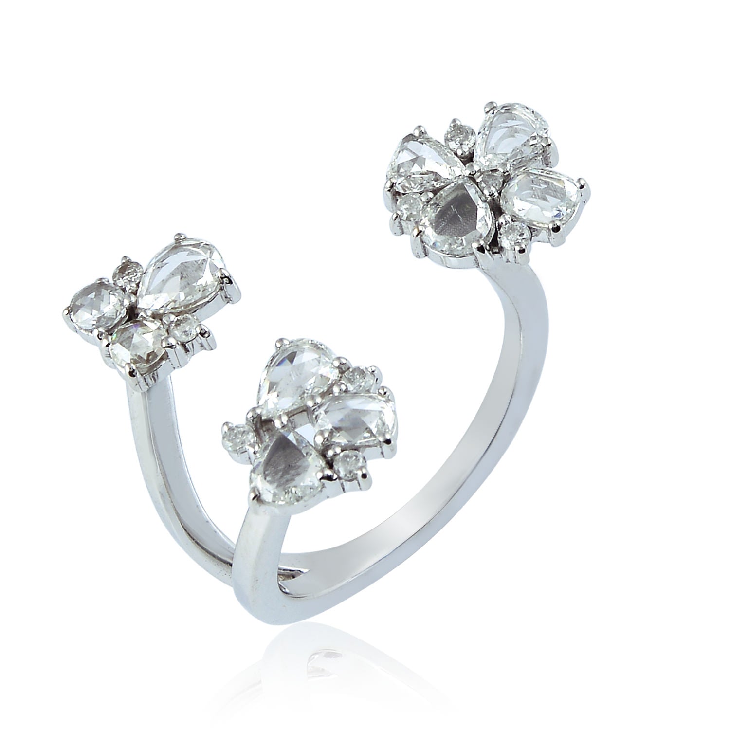 18K White Gold Prong Rose Cut Diamond Open Bypass Ring for Women - Elegant Wedding, Engagement & Anniversary Jewelry Gift
