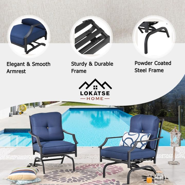 LOKATSE HOME 2-Piece Outdoor Patio Bistro Armchair Set - Metal Frame with Cushions, Blue - Perfect for Garden, Backyard, Poolside & Cafe Dining
