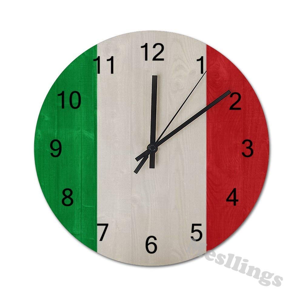 Italian Flag Round Wooden Wall Clock - Vintage Retro Hanging Clock for Kitchen, Office, Living Room | Home Decor & Wall Art Accessories | Perfect for Italian-Themed Rooms, Gifts & Mediterranean Style Decor