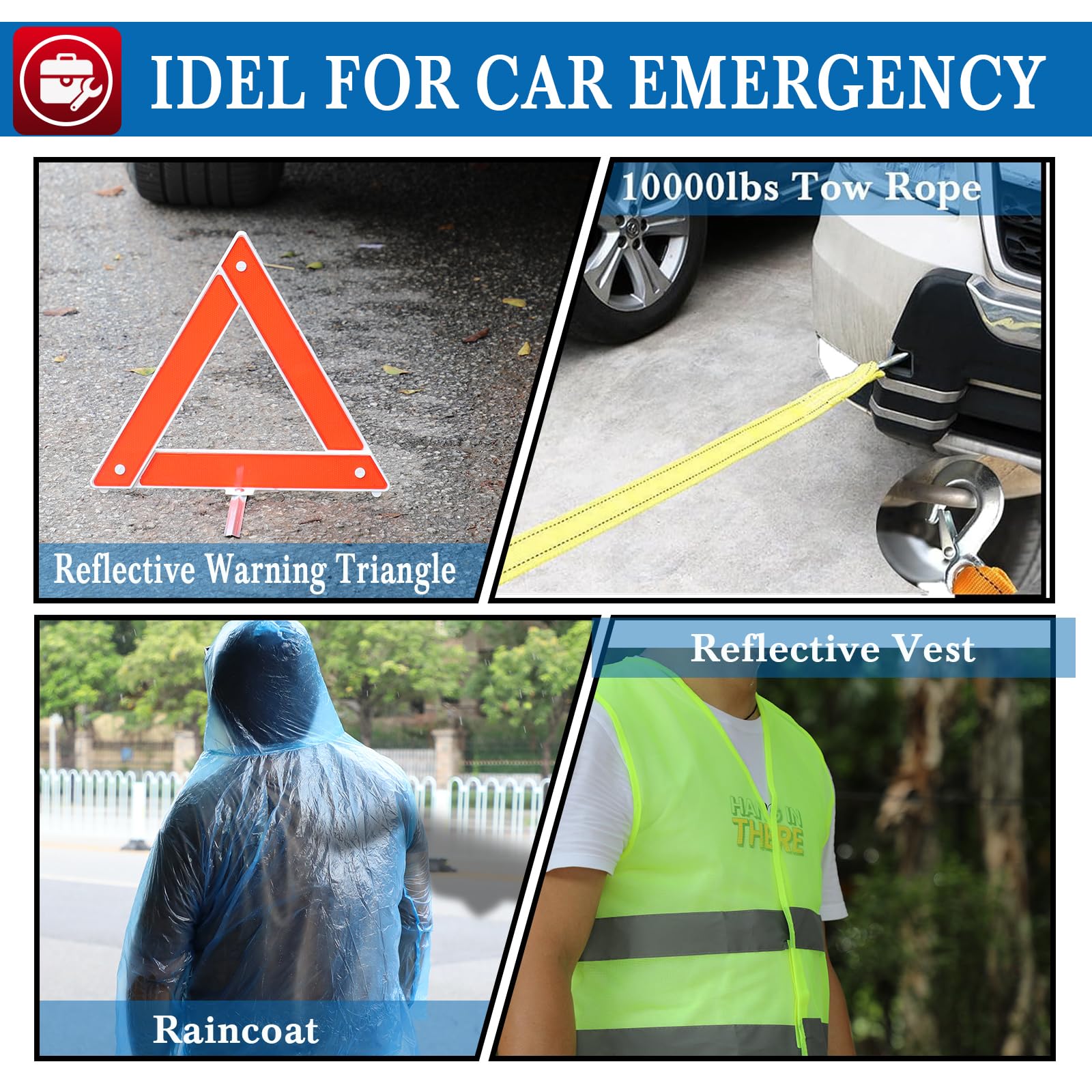 Kewen Car Emergency Kit - 12V Digital Air Compressor, Jumper Cables & Reflective Triangle | Roadside Assistance Safety Kit for Road Trips & Vehicle Breakdowns | Essential Auto Accessories for Winter Driving & Long Distance Travel