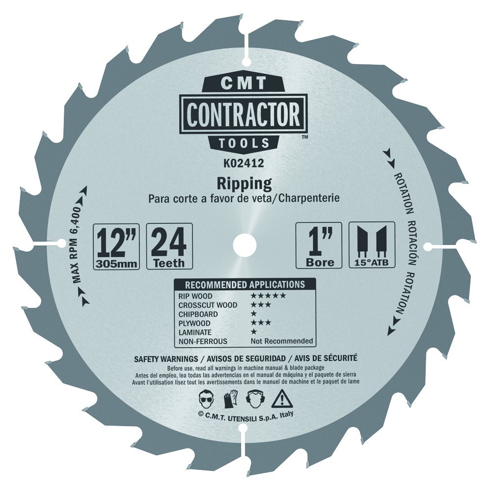 CMT K02412 ITK Contractor Ripping Saw Blade - 12 Inch, 24 Teeth, 10° ATB with 1-Inch Bore - Perfect for Woodworking, DIY Projects, and Professional Construction