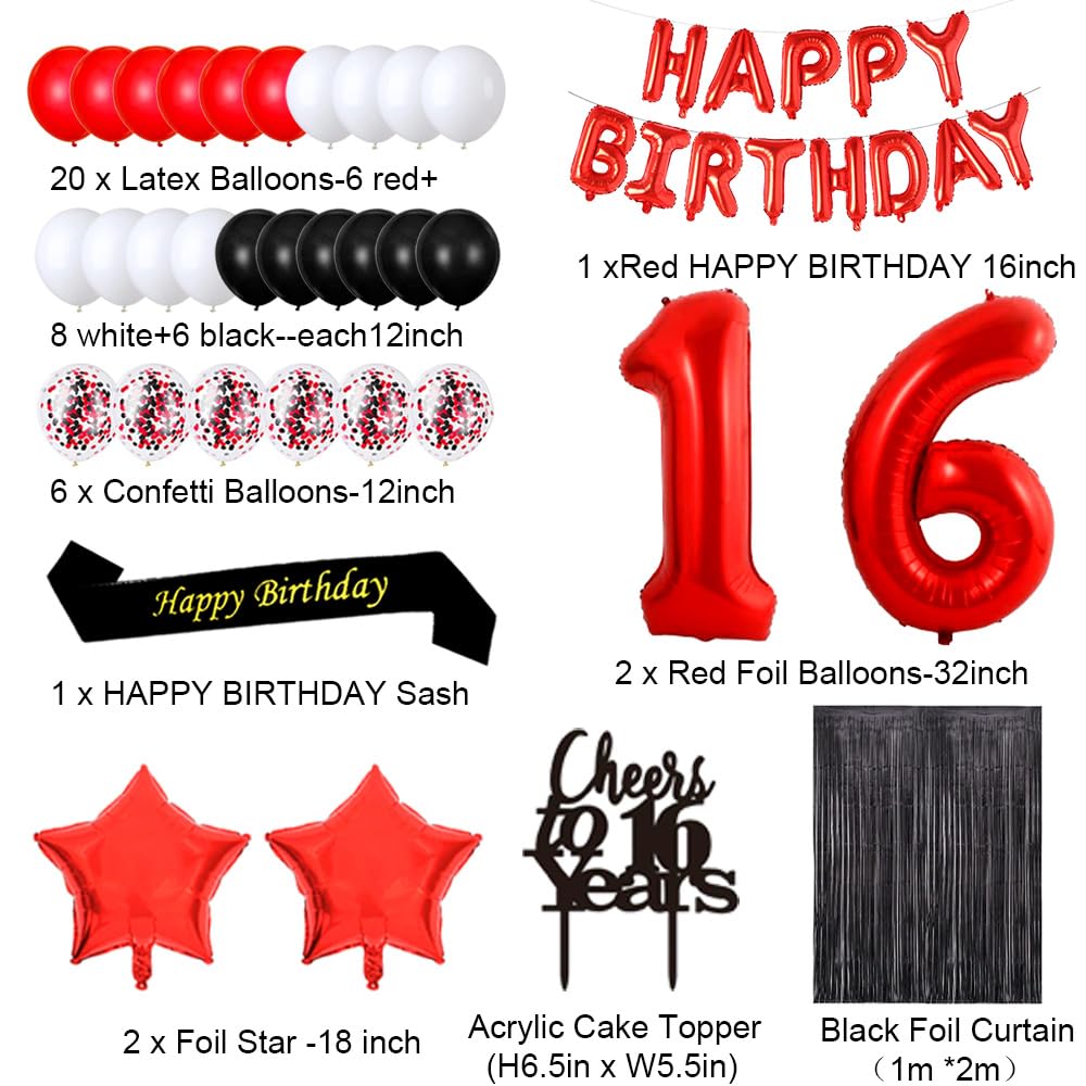 16th Birthday Party Decorations Kit - Happy Birthday Banner, Sash, Cake Topper, Confetti & Balloons for Sweet 16 Celebration | Red & Black Theme Decor for Girls | Perfect for Sweet 16 Parties, Photo Backdrops & Milestone Celebrations