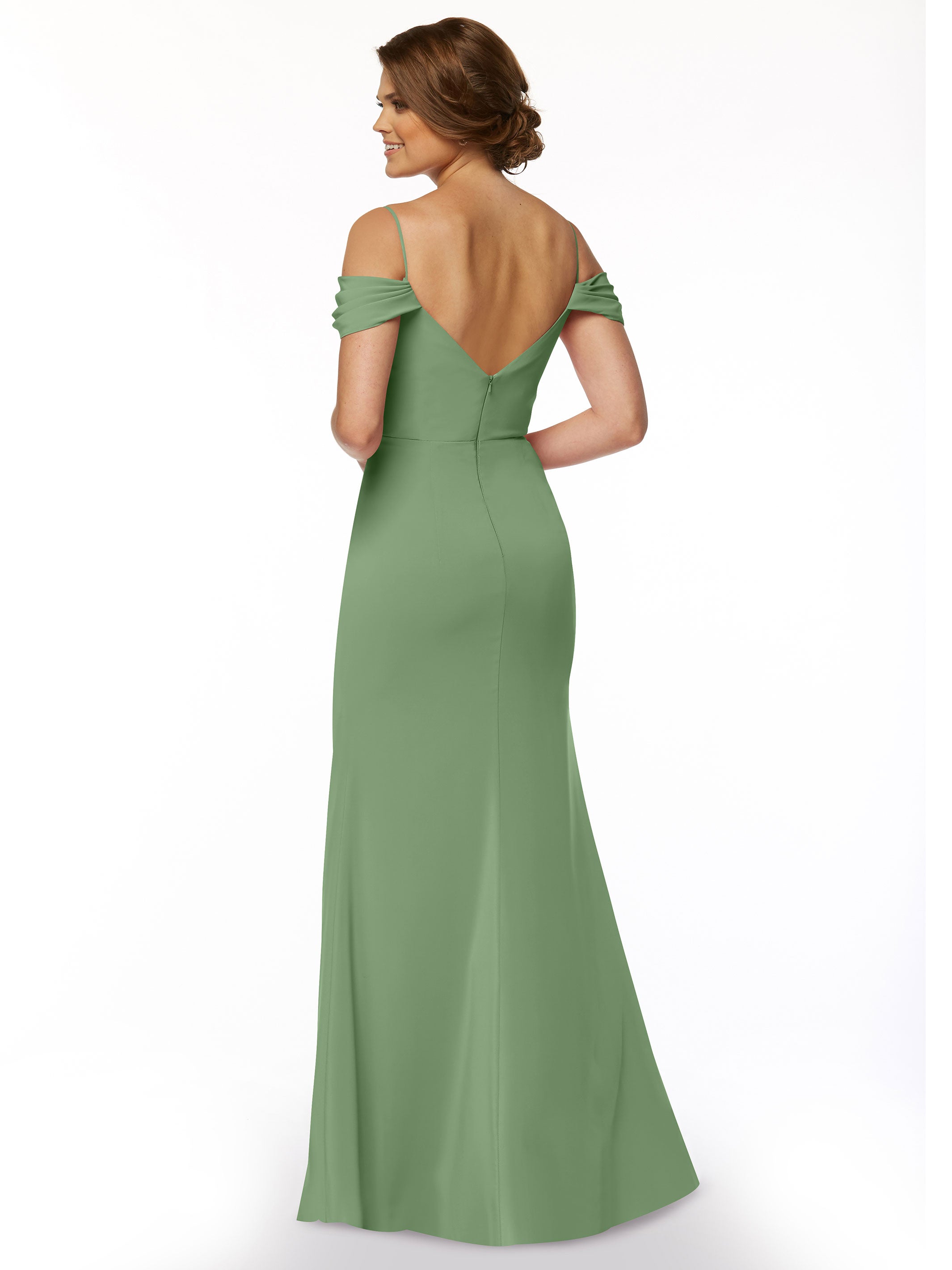 Elegant 83029 Fitted Stretch Chiffon Off-The-Shoulder Bridesmaid Dress with High Slit - Perfect for Weddings, Prom & Formal Events