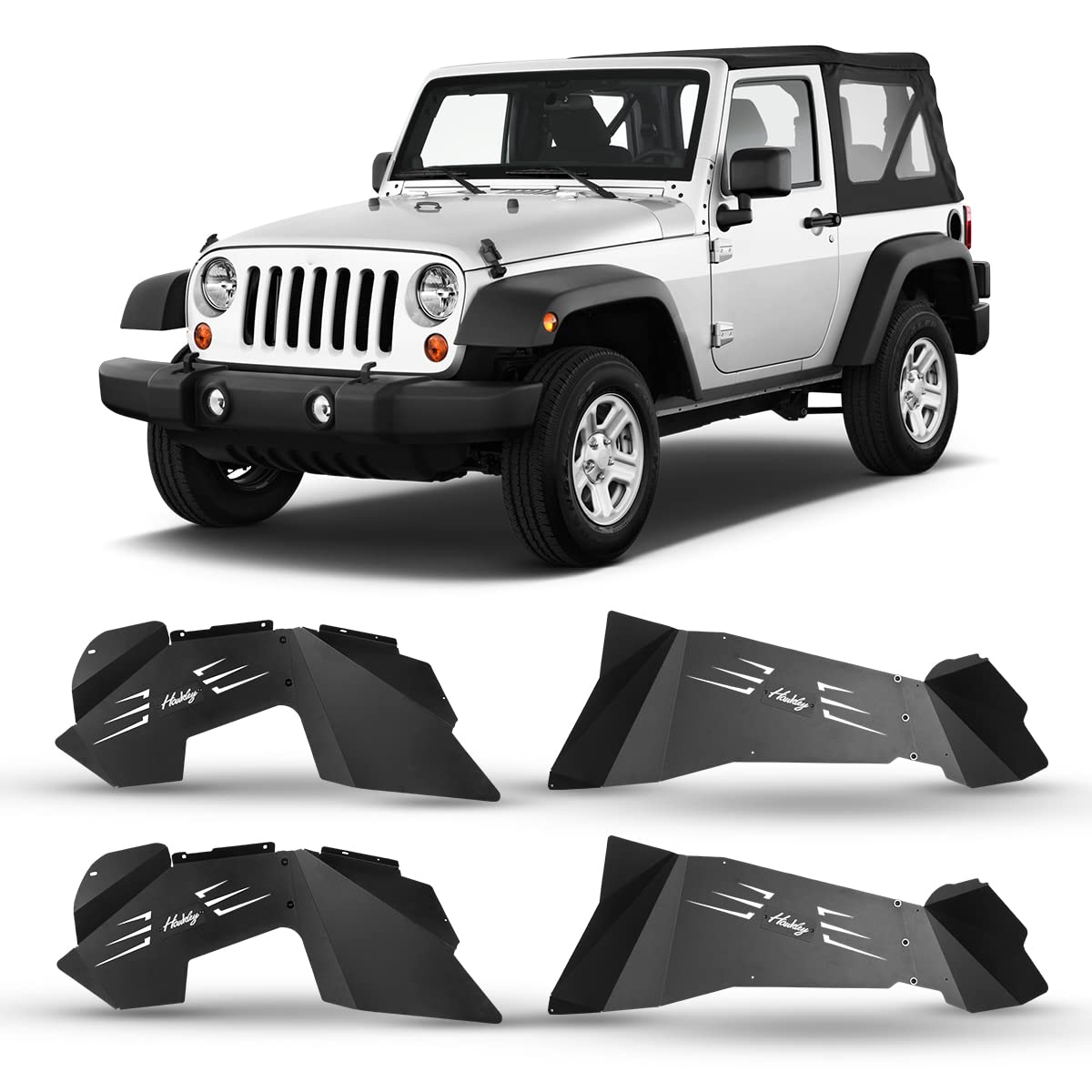 Jeep Wrangler 2007-2018 JK/JKU Front & Rear Steel Fender Liners - Bolt-on Wheel Well Covers for Unlimited, Sport, Sahara, Rubicon (2WD/4WD) | Black Powder Coated Splash Guards | Off-Road Protection & Mud Flaps Replacement