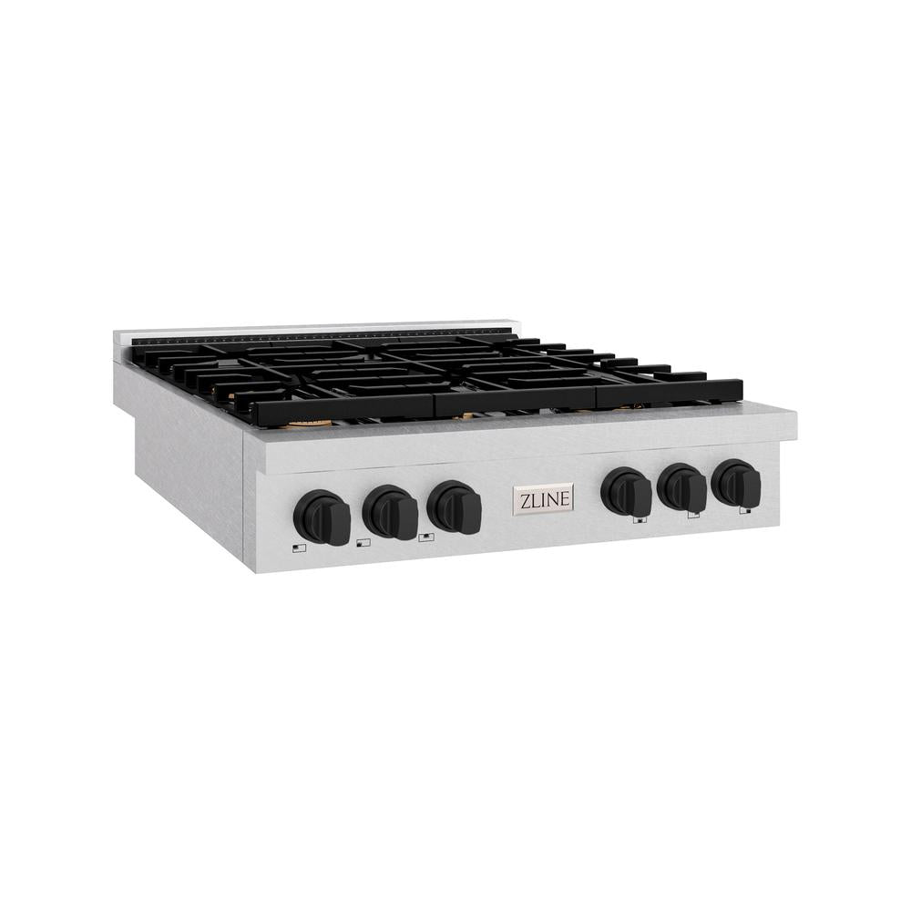 ZLINE 36 Inch Autograph Edition Paramount 6-Burner Gas Rangetop - Satin Stainless Steel with Matte Black Accents - Porcelain Cooktop (SRTSZ 36 MB) | Professional Kitchen Stove for Home Chefs & Cooking Enthusiasts
