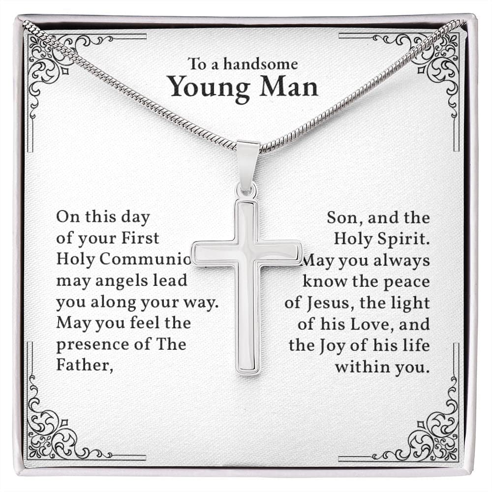 Handsome Young Man Cross Necklace – First Communion Gift for Boys, 1st Holy Communion Gift for Him – Perfect for Religious Ceremonies, Baptism, and Special Occasions