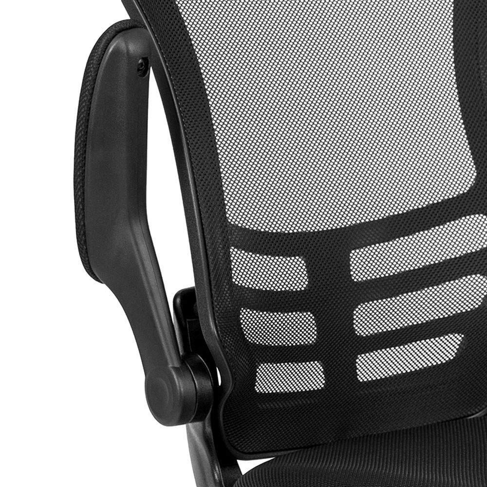 Flash Furniture Kelista Black Mesh Sled Base Side Reception Chair with Flip-Up Arms - Ergonomic Office Guest Seating for Lobby, Waiting Room & Conference Areas