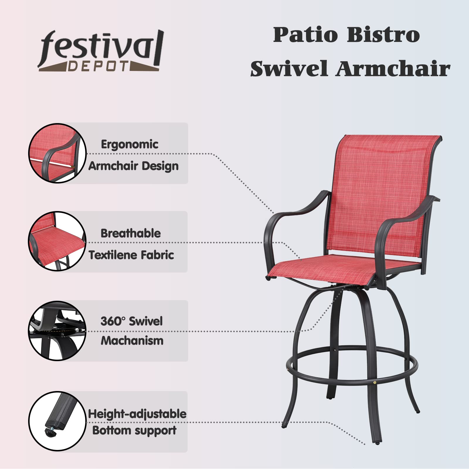 Festival Depot 9-Piece Patio Dining Set - Swivel Bar Height Stools with Armrests, Tempered Glass Top Table & Metal Outdoor Furniture for Backyard, Garden, or Poolside (Red) - Perfect for Outdoor Entertaining & Relaxation