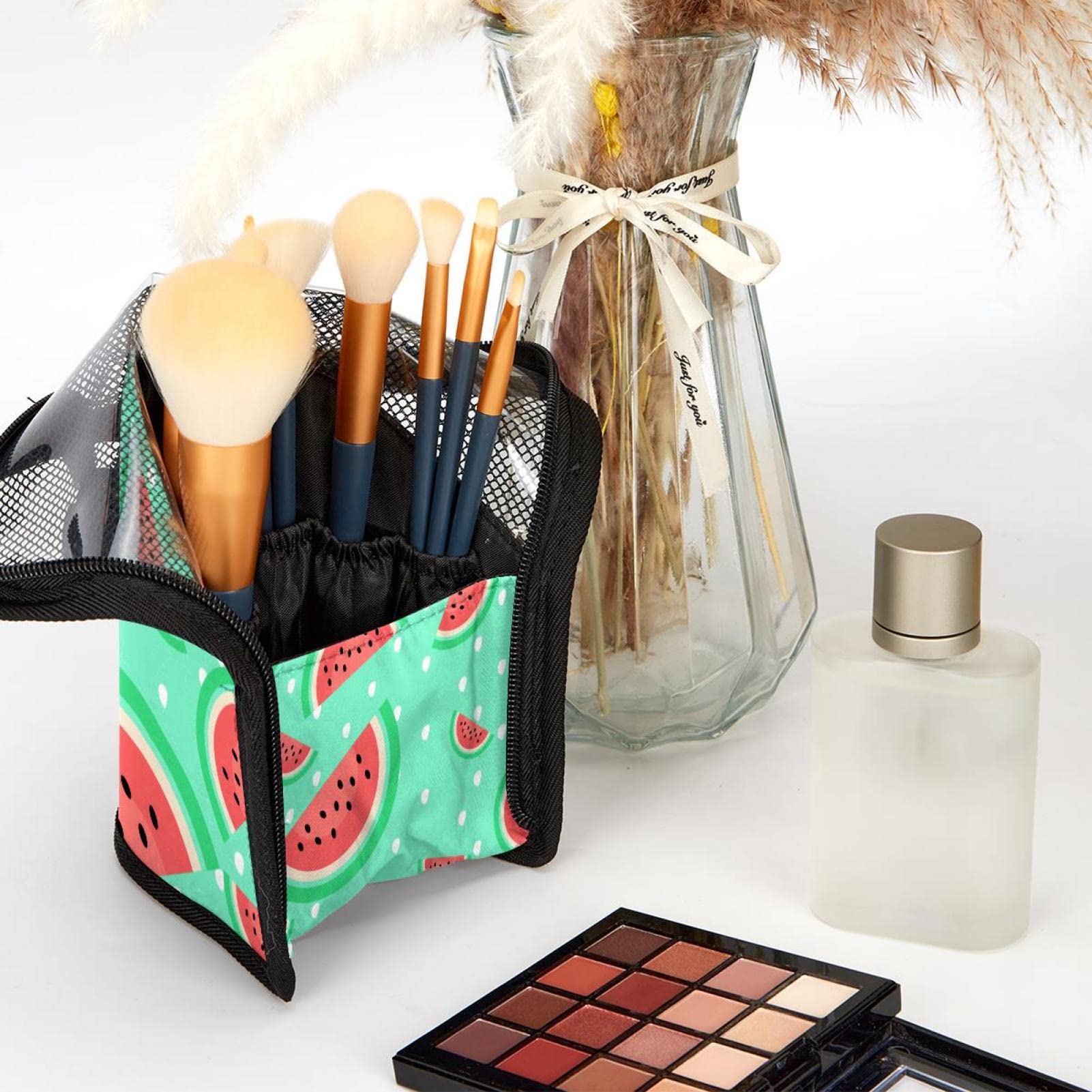 12-Piece Watermelon Polka Dot Makeup Brush Organizer Bag - Portable Brush Holder Case for Travel & Home Storage