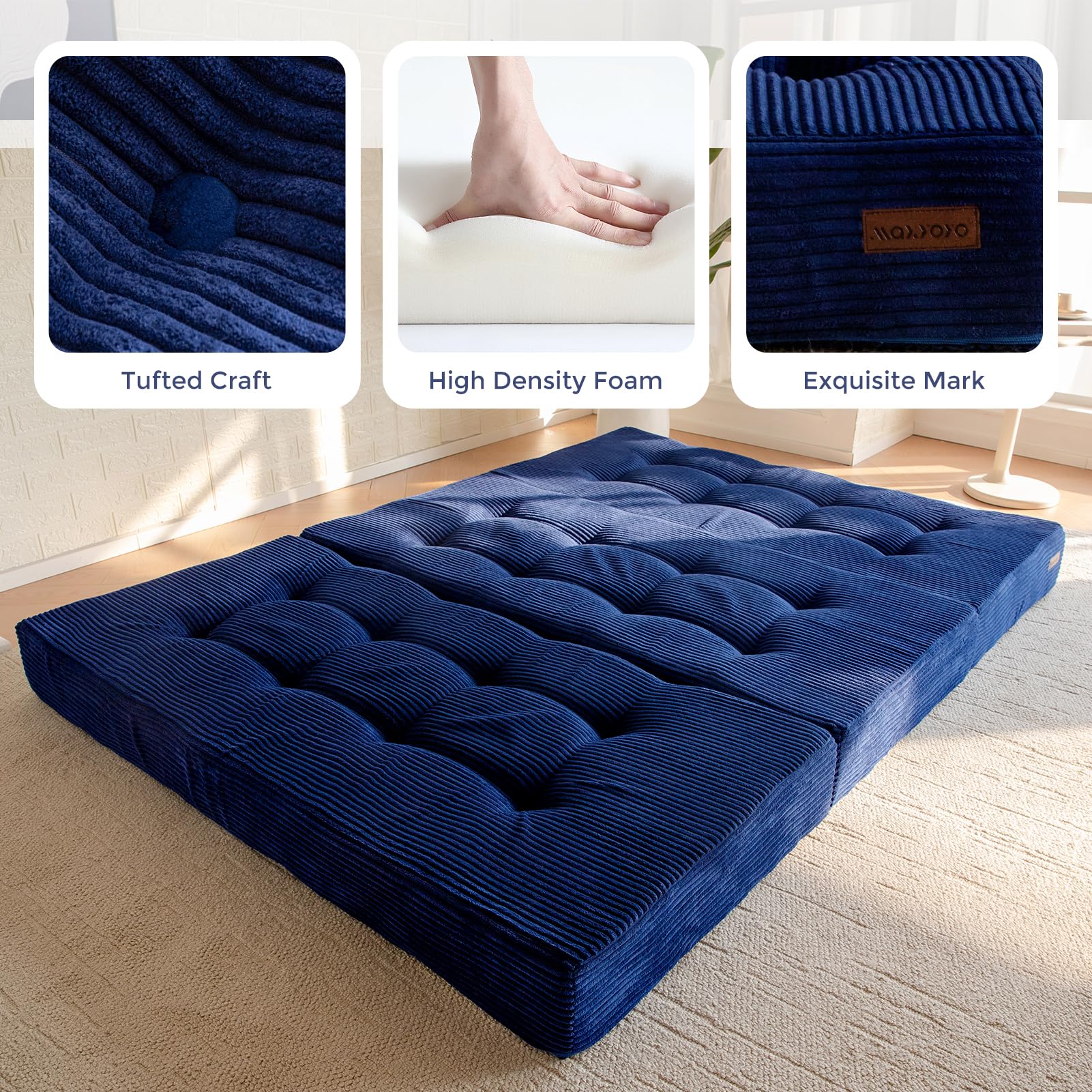 MAXYOYO 6 Inch Tri Fold Mattress - Tufted Full Foam Folding Bed with Corded Fabric in Navy Blue | Perfect for Guest Rooms, Camping & Small Spaces