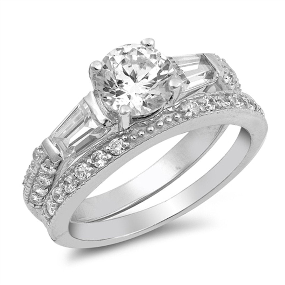 2 Piece Wedding Engagement Bridal Ring Set - Round & Baguette Cut Simulated CZ Stones in 925 Sterling Silver - Perfect for Proposals, Anniversaries & Special Occasions