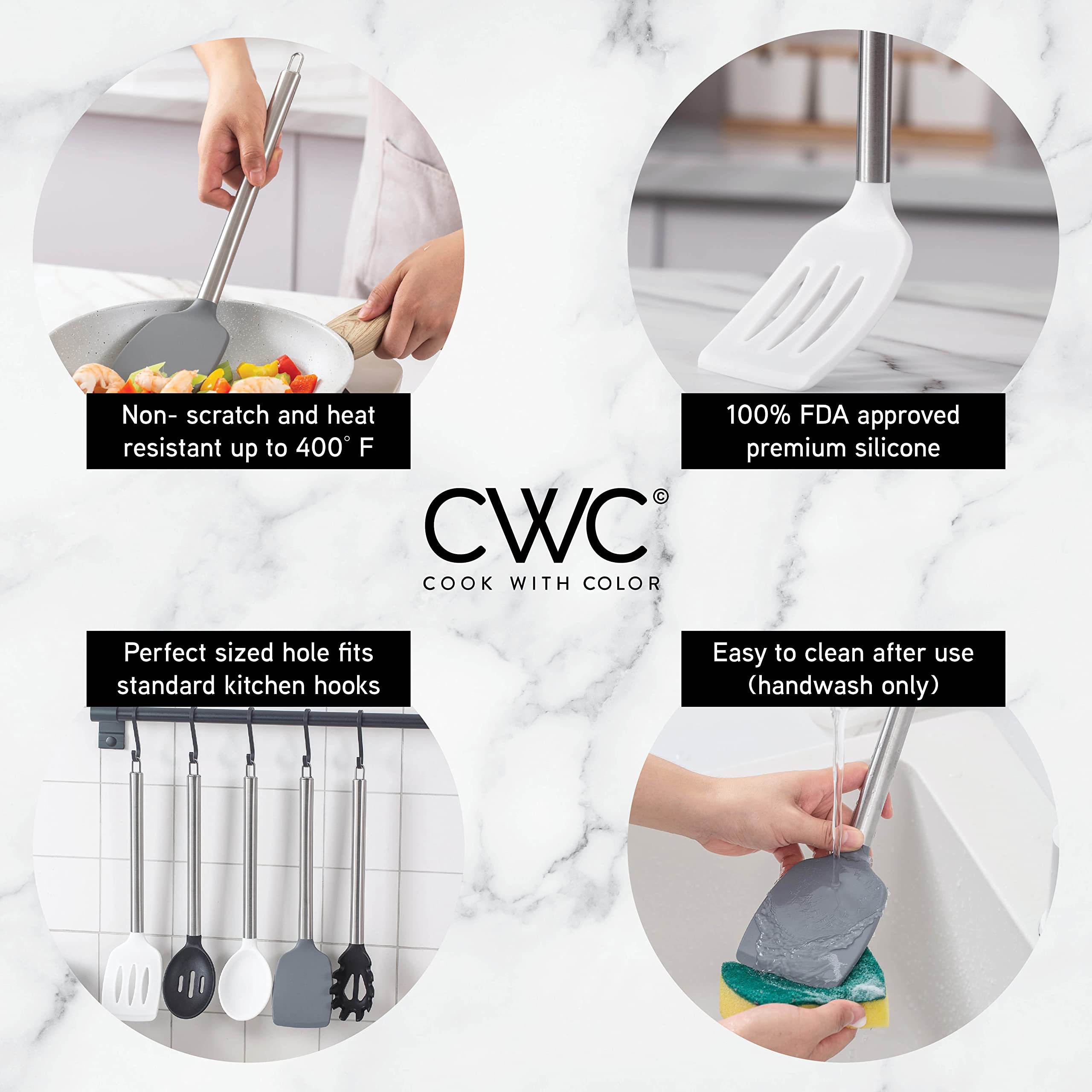 Premium 5-Piece Silicone Cooking Utensil Set - Heat-Resistant & Non-Scratch Kitchen Tools for Nonstick Cookware (Black/White) | Essential Kitchen Gadgets for Baking, Stirring & Serving | Dishwasher Safe & Easy to Clean
