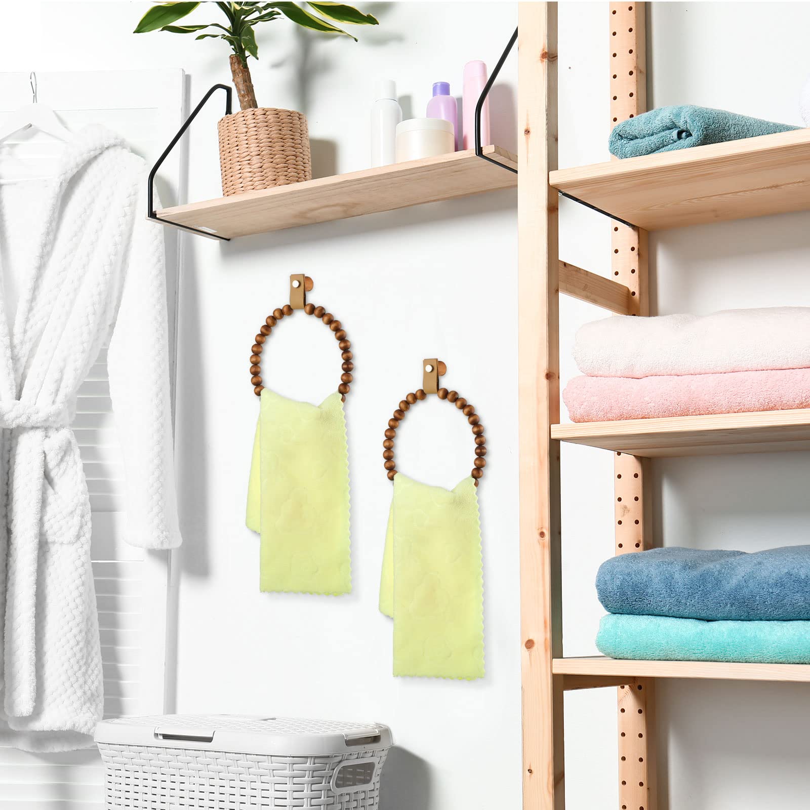 2 Pcs Handmade Boho Towel Rack - Wooden Beaded Round Wall Mounted Towel Ring Holder - Rustic Farmhouse Bathroom & Kitchen Decor - Perfect for Hanging Hand Towels in Bath, Powder Room or Country Style Kitchen