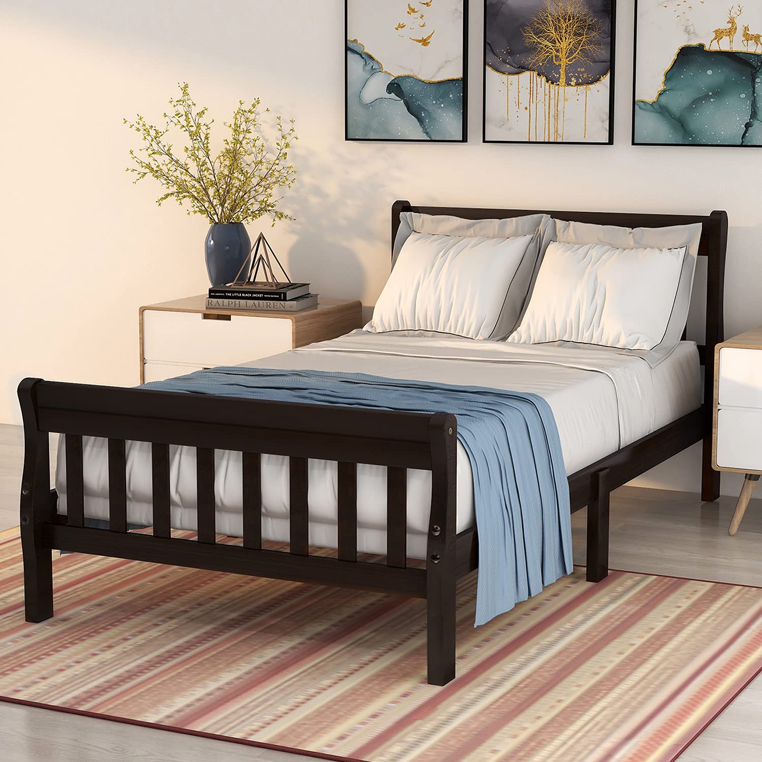 P PURLOVE Twin Size Wooden Platform Bed Frame with Headboard & Footboard - Sturdy Wood Slat Support, No Box Spring Needed, Espresso Finish - Perfect for Small Bedrooms, Guest Rooms & Dormitories