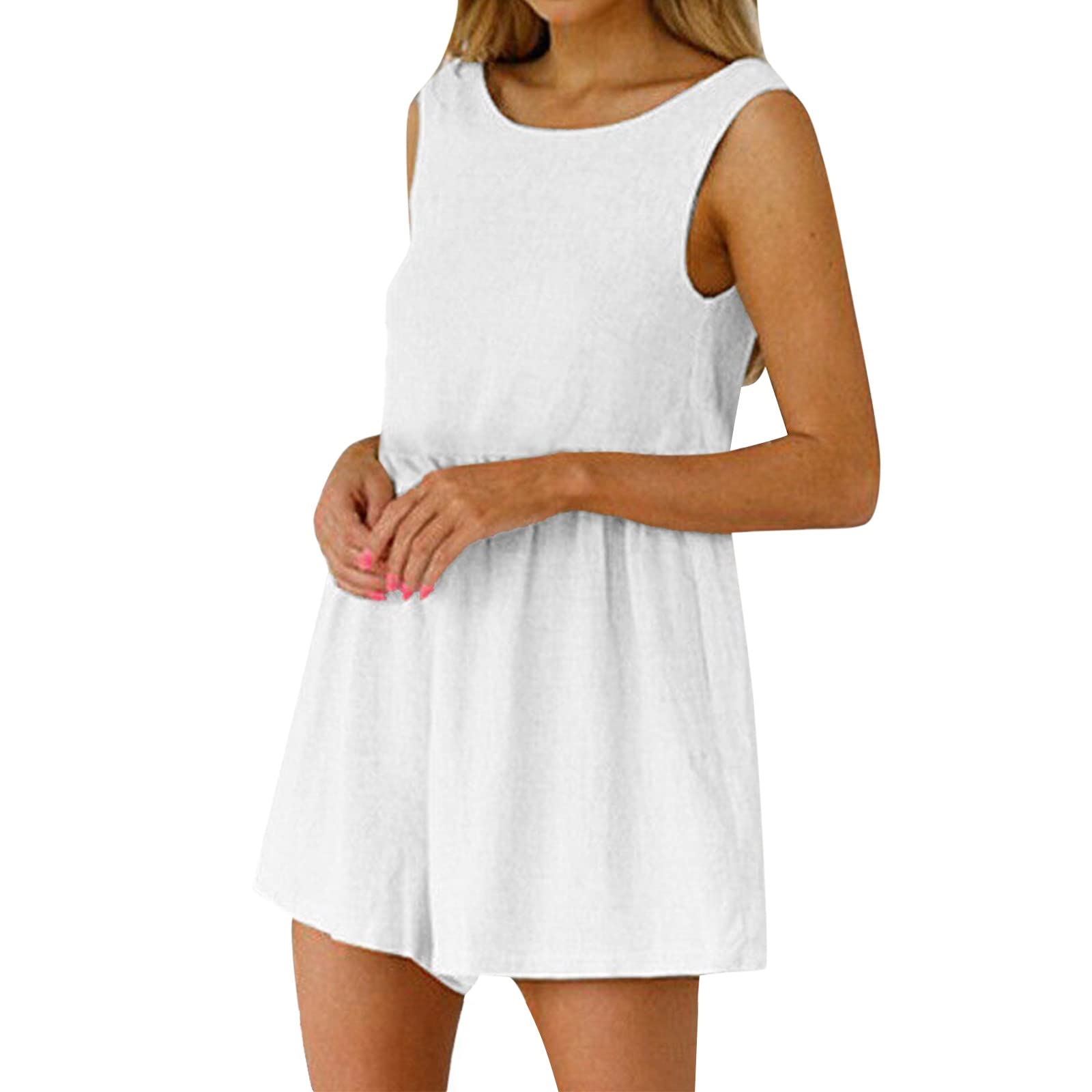 Women's Lounge Jumpsuit - V Neck Button Down Tank Romper with Pockets | Comfortable Short Pant Jumpsuit for Home, Travel & Casual Wear (White, XXL)