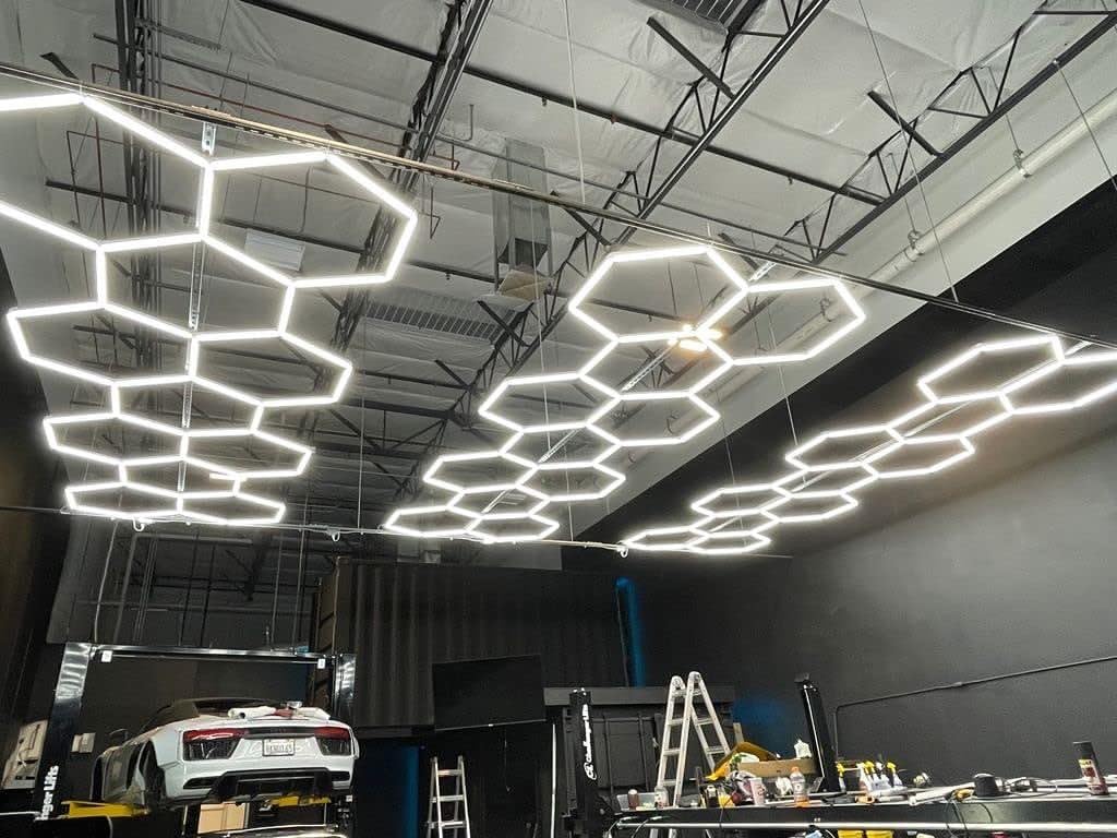 GOSLARLIT Custom Size Hexagon LED Garage Lights - 11 Hexagrid System for Workshop, Gym & Detailing Shop | Bright Lighting for Automotive Work, Home Fitness & Commercial Spaces