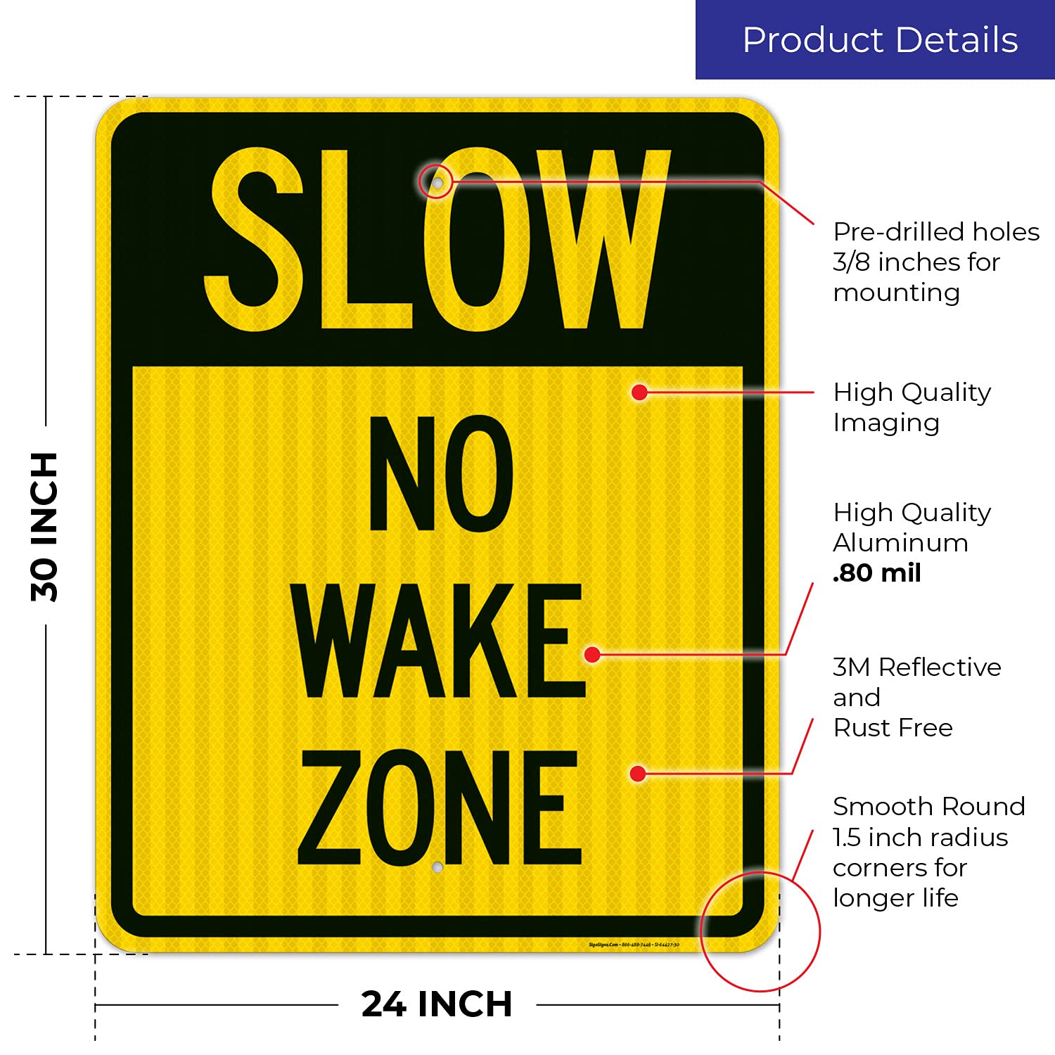 Slow No Wake Zone Sign - 24x30 Inches, 3M EGP Reflective .080 Aluminum, Fade Resistant, Made in USA - Perfect for Lakes, Rivers & Marina Safety