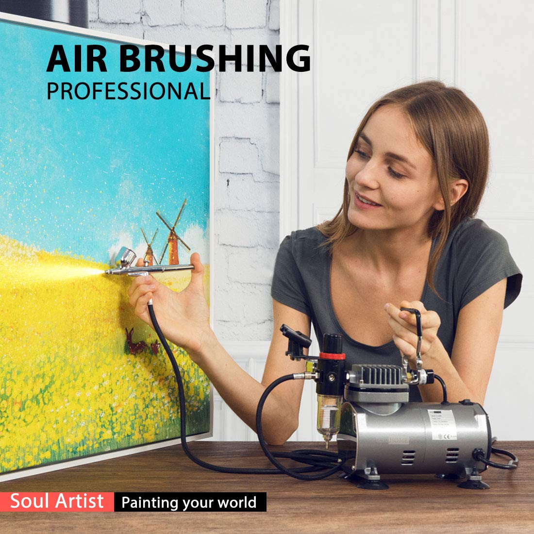 VIVOHOME 1/5 HP Airbrush Kit with Dual Action Airbrush, Gravity Feed, Quiet Air Compressor & Holder - Perfect for Makeup, Tattoo, Nail Art, Cake Decorating & Model Painting