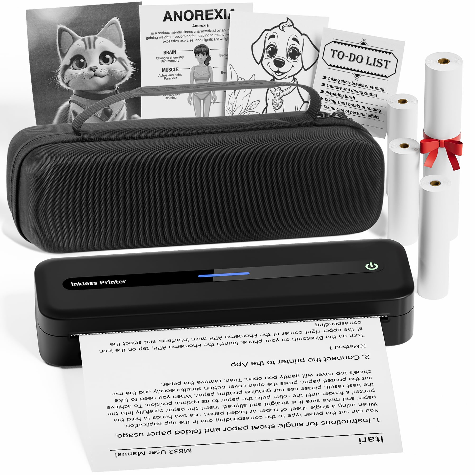 Itari M832 Portable Wireless Thermal Printer - Inkless Travel Printer with Case & 4 Paper Rolls, Compatible with iPhone/Android/Laptop, Prints 8.5x11