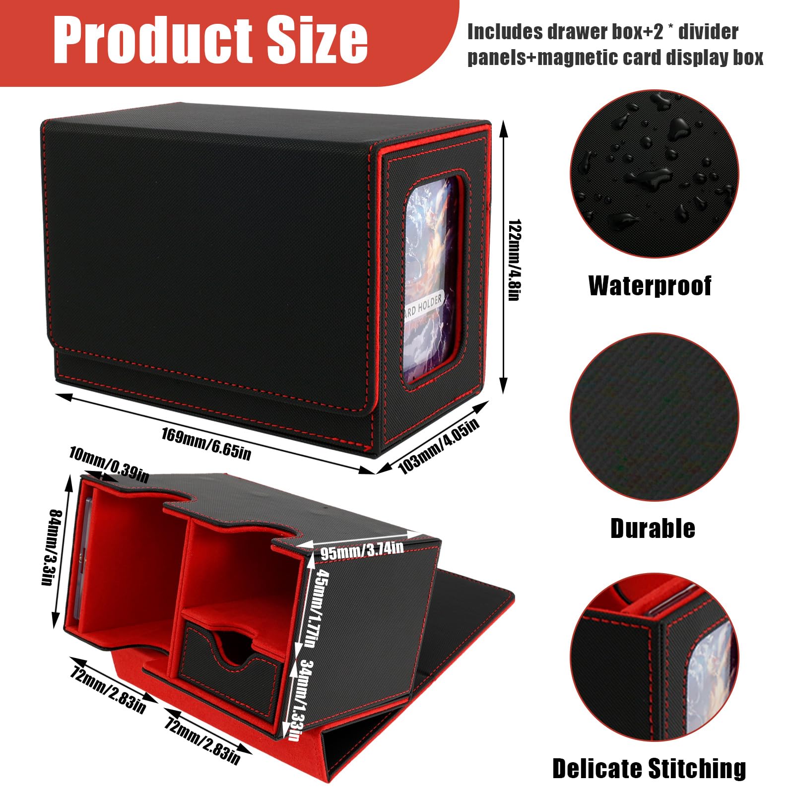 KTZCTPCA MTG Card Deck Box with Display Window - Holds 160+ Single-Sleeved Trading Cards, PU Leather Storage Box for Commander/TCG/CCG/Sports Cards (Red) - Perfect for Game Nights, Collectors & Card Protection
