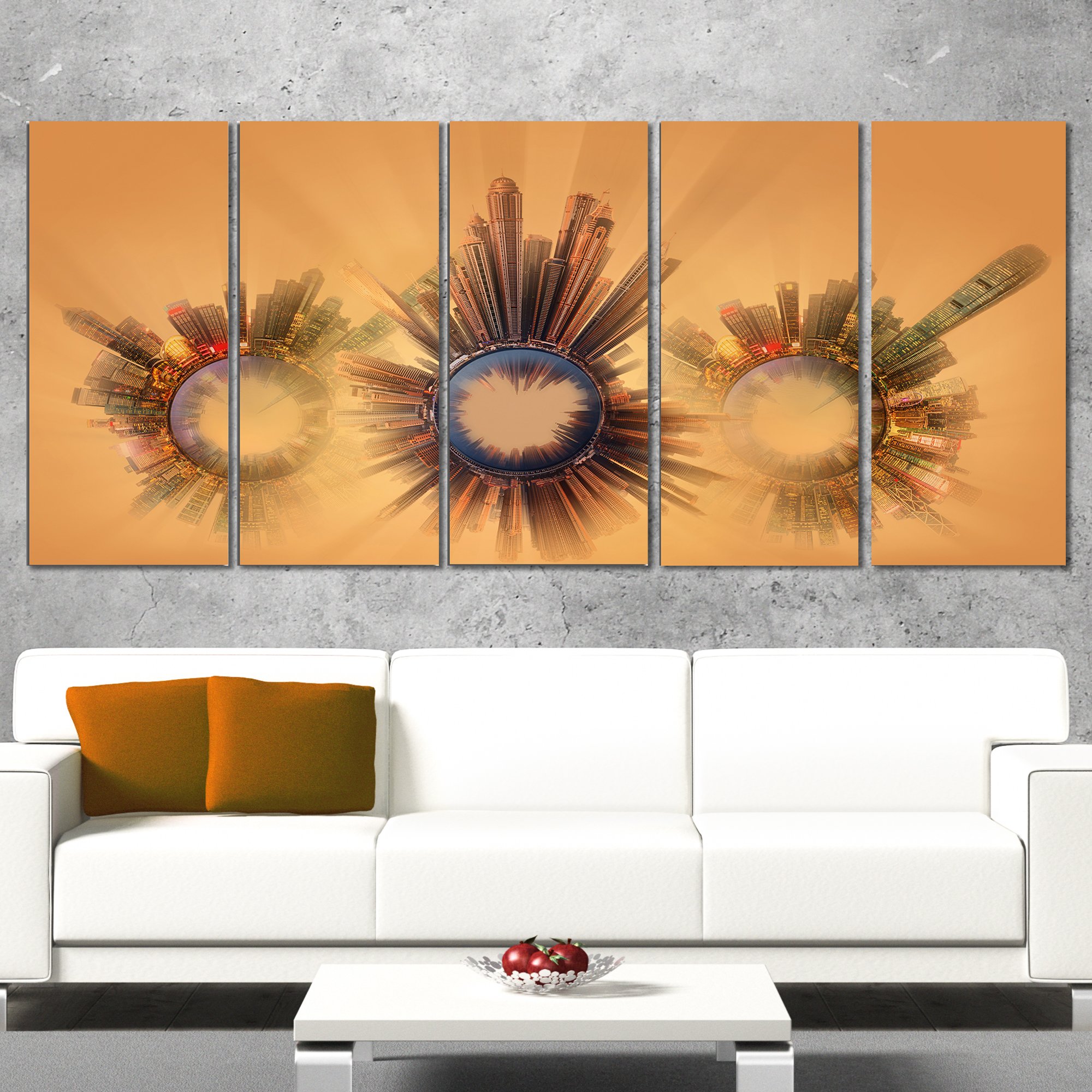 Designart Miniature Earth Planets with Skyscrapers - Abstract Canvas Wall Art - 60x28 Inches 5-Panel Set - Modern Home & Office Decor - Perfect for Living Room, Bedroom or Workspace