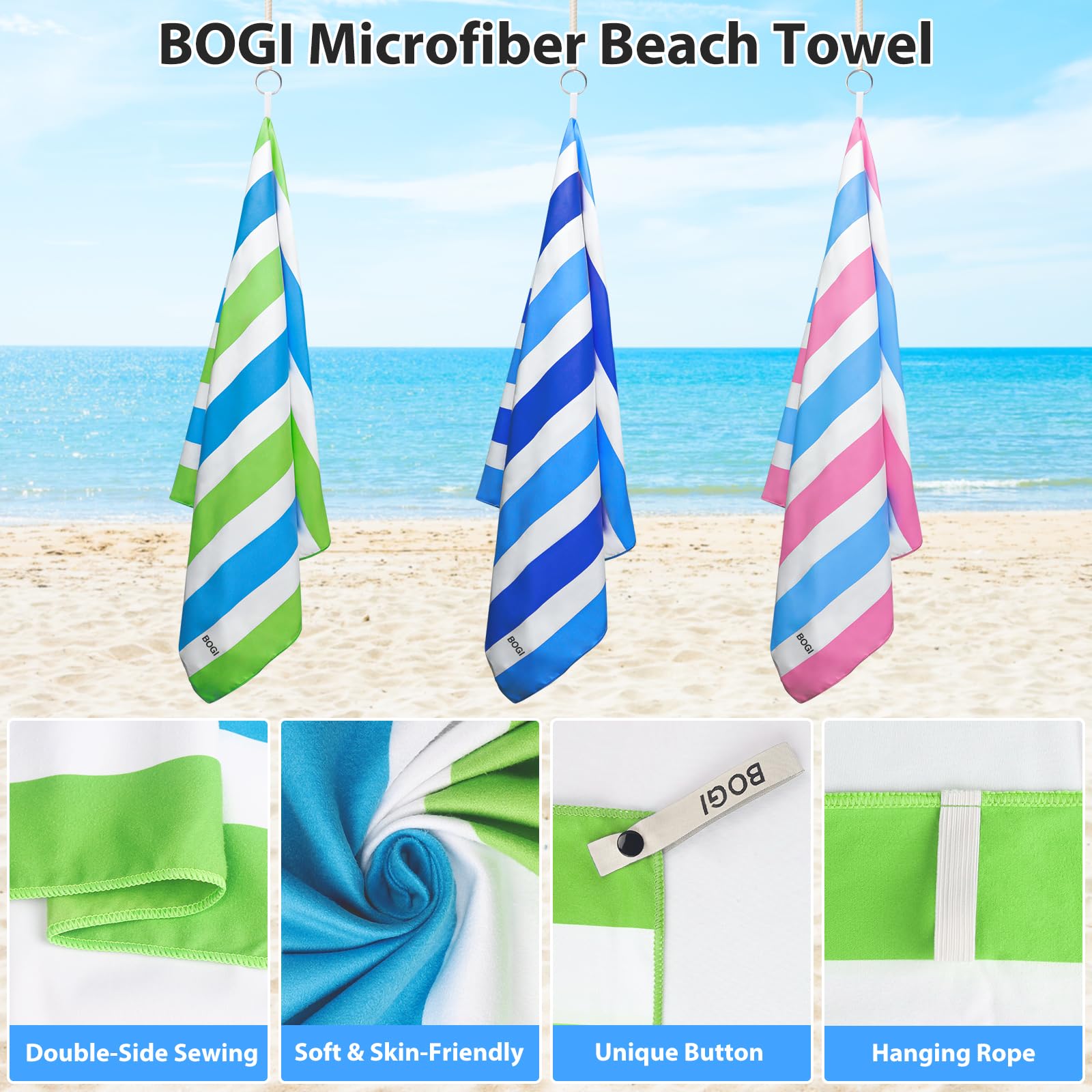 BOGI Quick Dry Microfiber Beach Towel Set - Lightweight, Absorbent & Sand Proof Oversized Travel Towels (Size L & XL) for Swimming, Yoga, Gym, Pool, Beach Vacation & Outdoor Activities