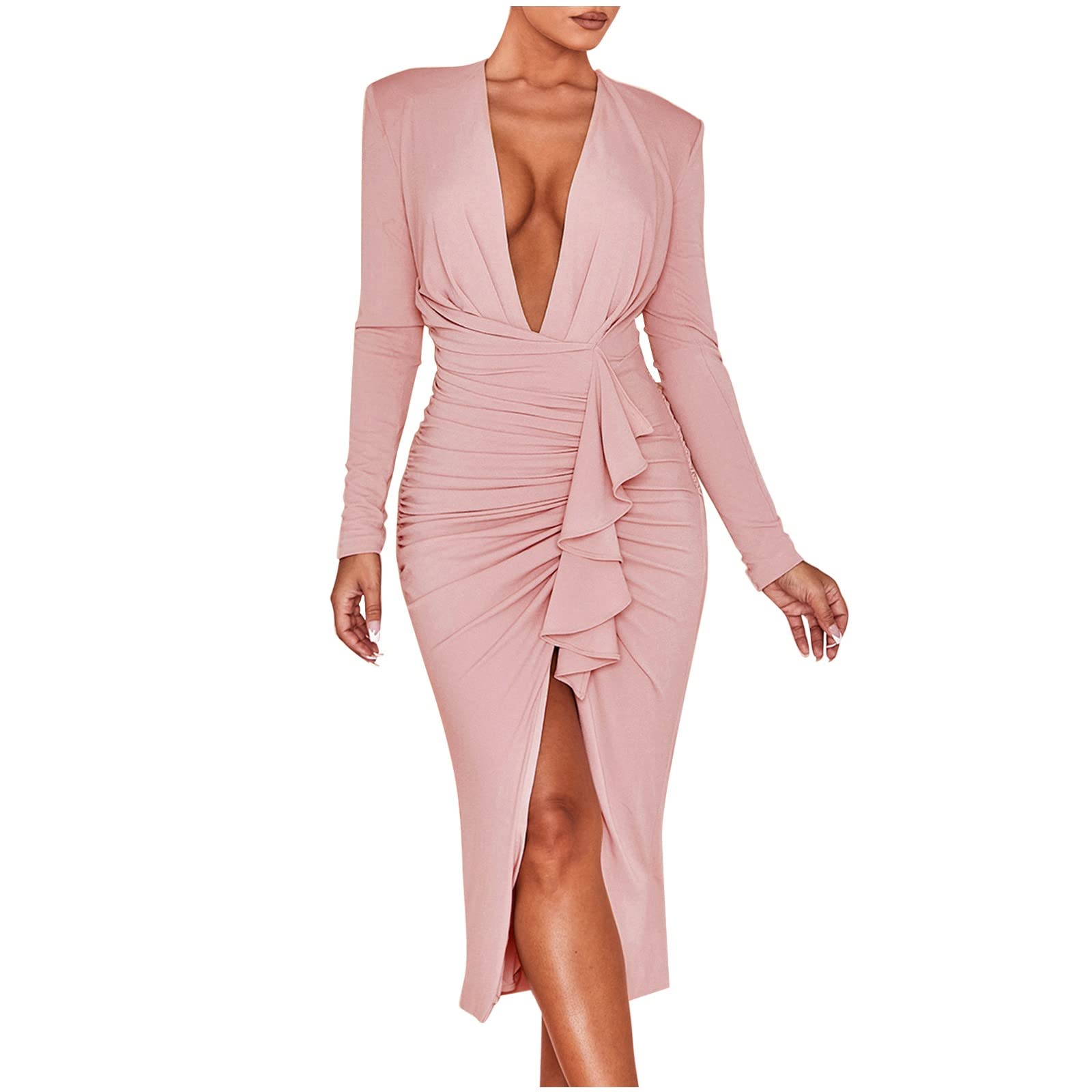 Elegant Long Sleeve V-Neck Midi Dress for Women - High Slit Cocktail & Wedding Guest Dress - Perfect for Parties, Date Nights & Formal Events