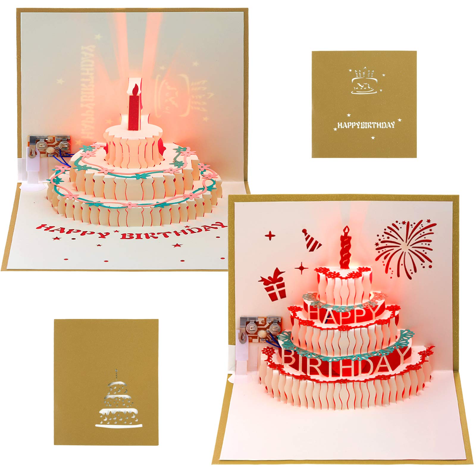 2 Packs 3D Happy Birthday Pop-Up Greeting Cards with LED Lights & Music - Handmade Birthday Cards with Envelopes for Family, Friends, Boys, Girls and Kids (Gold) - Perfect for Birthday Parties, Surprise Gifts & Special Celebrations