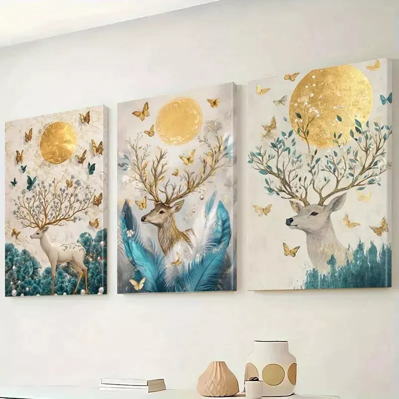 3-Piece Deer and Golden Classic Retro Minimalist Wall Art Set - Framed Canvas 50x70cm (20x28in) - High Quality Print - 100% Australian Made - Ready to Hang - Perfect for Living Room, Bedroom & Office Decor