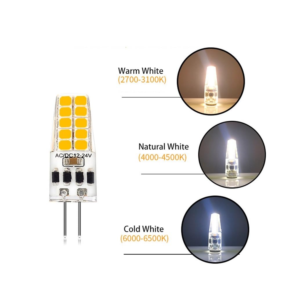Fengyan Home 5-Pack G4 LED Bulbs AC/DC 12-24V - Warm White/Cool White/Natural White - 3W (10 LED) & 5W (20 LED) - Energy Saving 360° Silicone Light - Halogen Replacement for Home, Kitchen, RV, Boat, and Cabinet Lighting