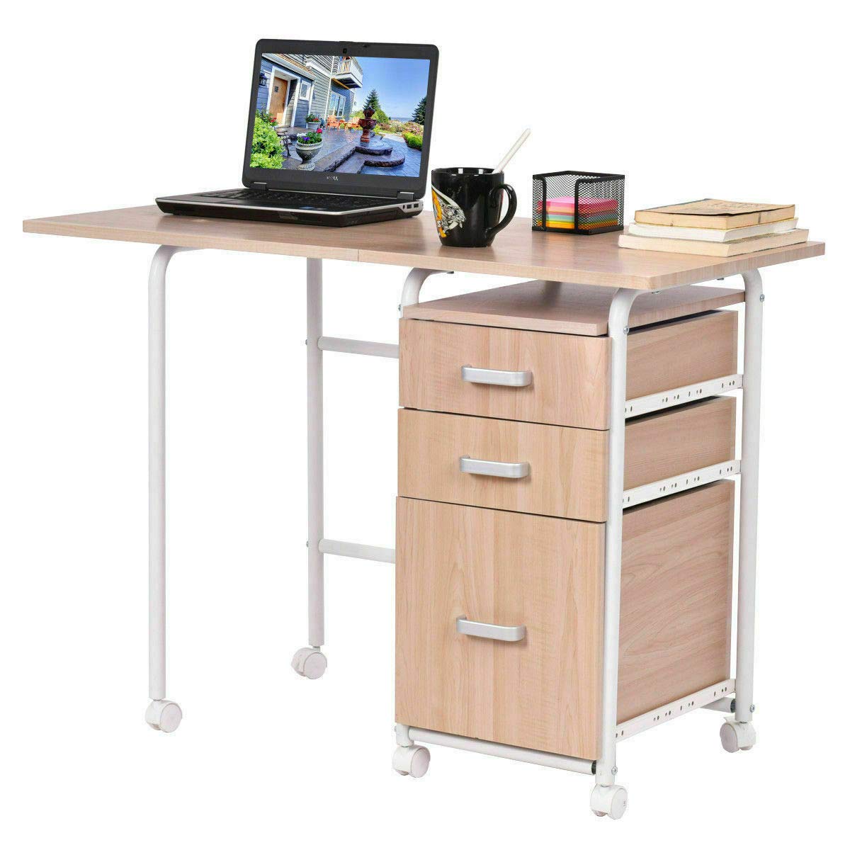 Walomes Folding Laptop Desk with Wheels and 3 Drawers - Adjustable Mobile Computer Table for Home Office, Study, or Bedroom Workspace - Perfect for Remote Work, Online Classes, and Small Space Living