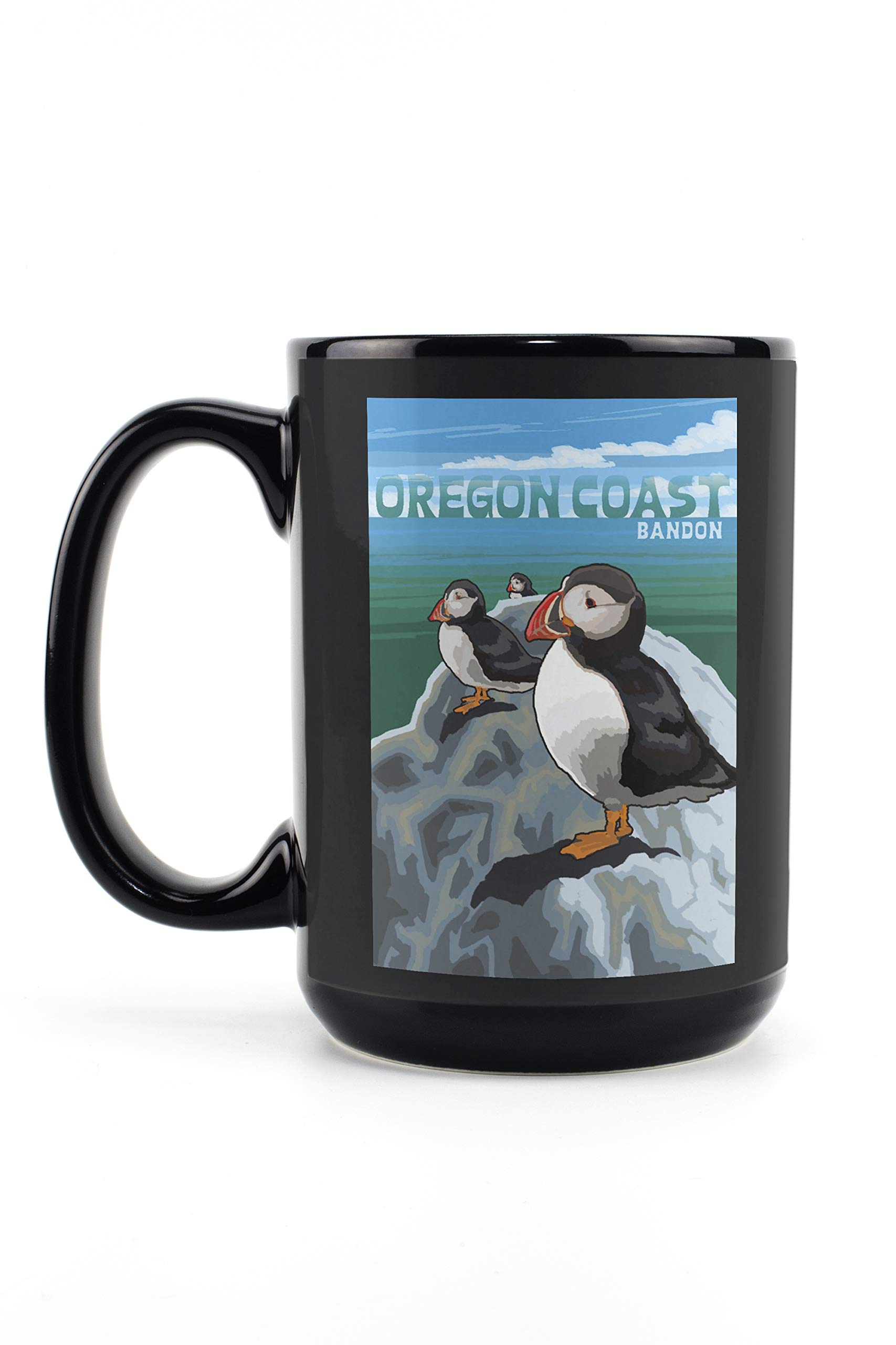 Bandon Oregon Puffins 15oz Black Ceramic Coffee Mug & Tea Cup - Dishwasher & Microwave Safe - Perfect for Home, Office & Gift Giving