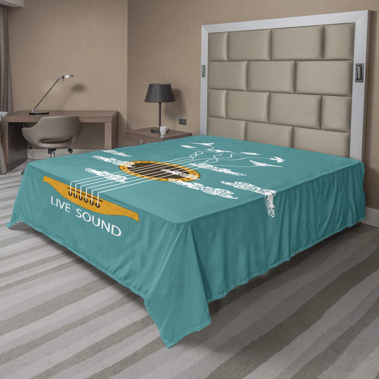Ambesonne Guitar Queen Size Flat Sheet - Abstract Music Theme with Birds on Strings & Clouds Design | Soft Comfortable Decorative Bedding for Musicians & Music Lovers | Perfect for Bedrooms, Dorms, and Gift Giving (Turquoise Marigold White)
