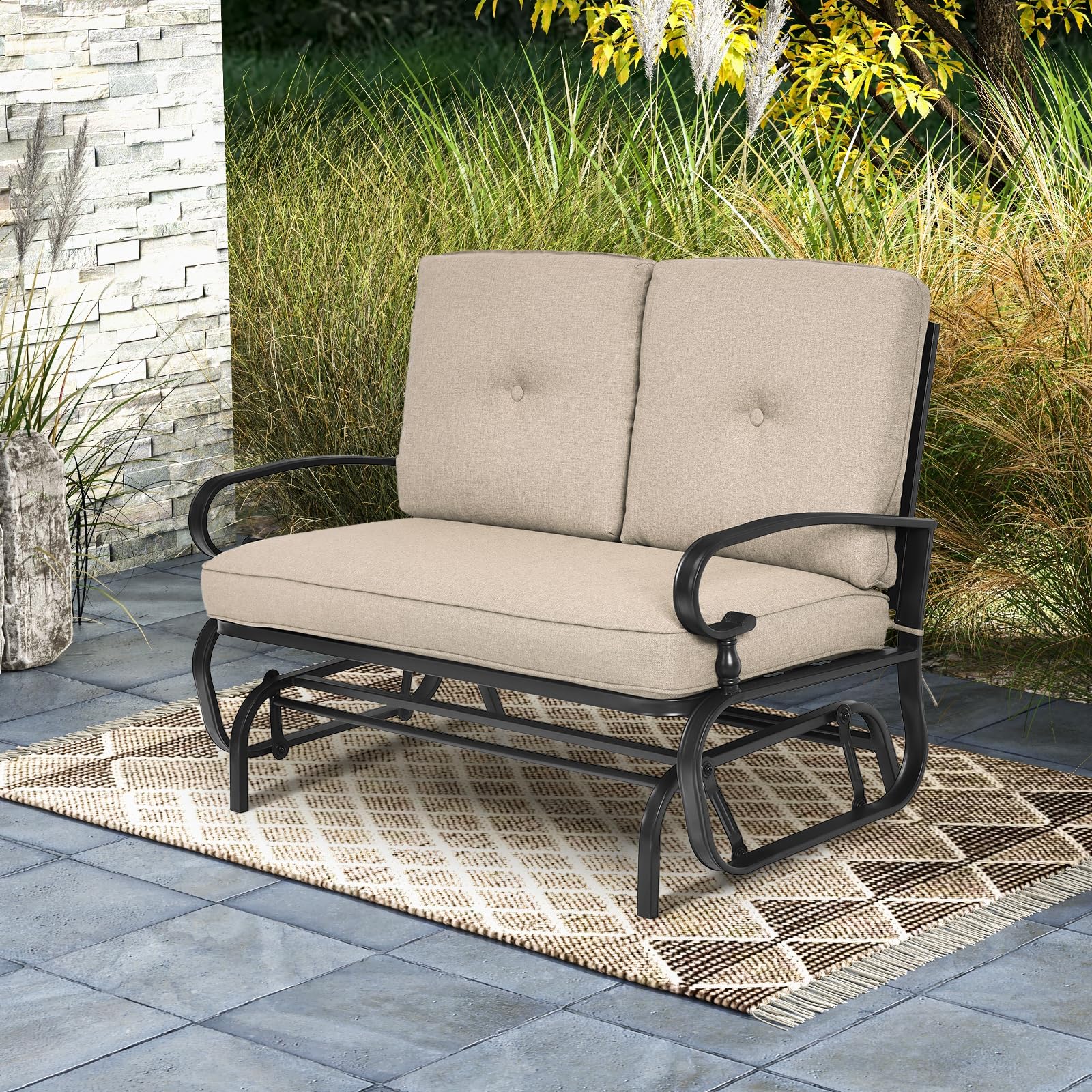 **Tangkula Outdoor Swing Glider Chair for 2 Persons - Patio Loveseat Bench with Steel Frame & Comfortable Cushions - Perfect for Garden, Porch, Balcony & Poolside Relaxation (Beige)**