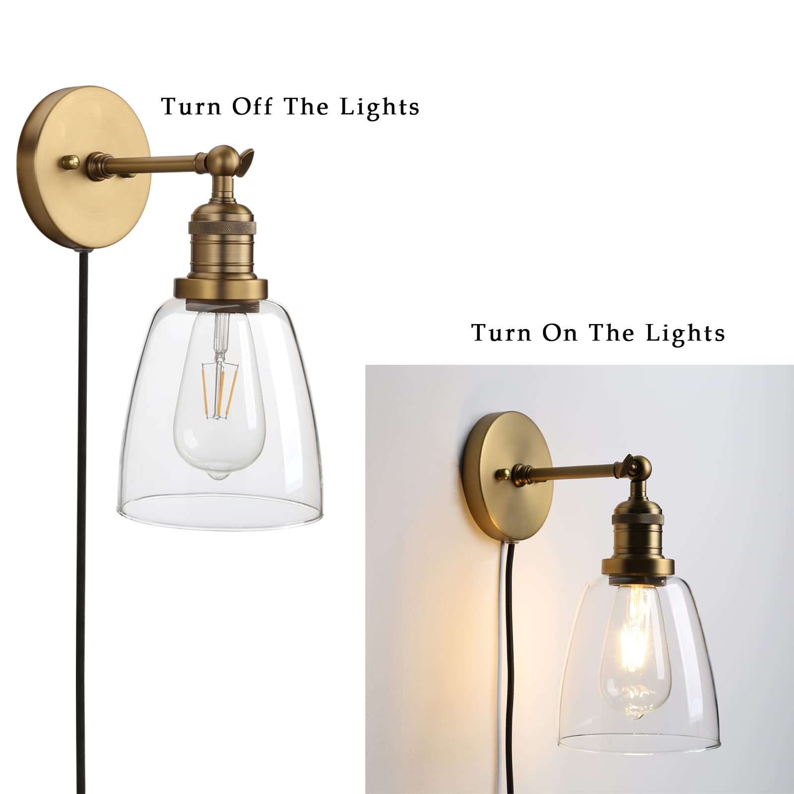 Phansthy Plug-in Wall Sconce with Switch - Antique Bronze Wall Lamp with 5.5 Inch Glass Shade for Bedroom, Living Room & Hallway Lighting