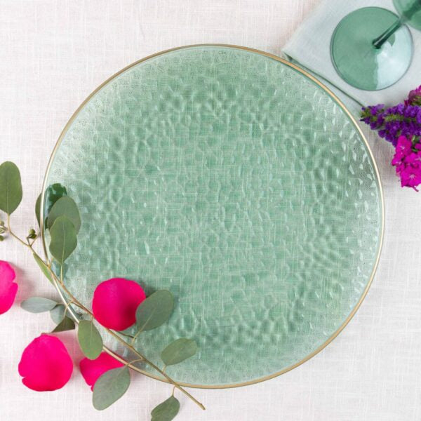 Green and Gold Rim Transparent Hammered 13-Inch Round Plastic Charger Plates - 4 Pack Set for Elegant Dinner Parties, Weddings & Holiday Table Decor
