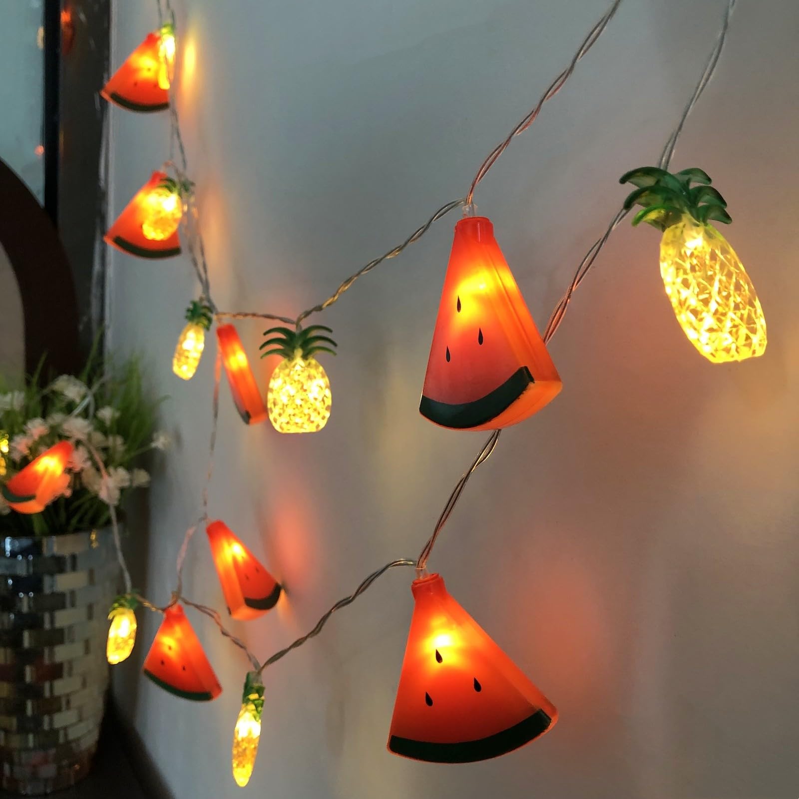 20 LED Watermelon Pineapple String Lights - Battery Powered Fairy Lights for Wedding, Home, Birthday, Christmas Decor - Indoor & Outdoor Use (9.8ft, Watermelon + Pineapple Design) - Perfect for Patio, Garden, Bedroom, and Party Decorations