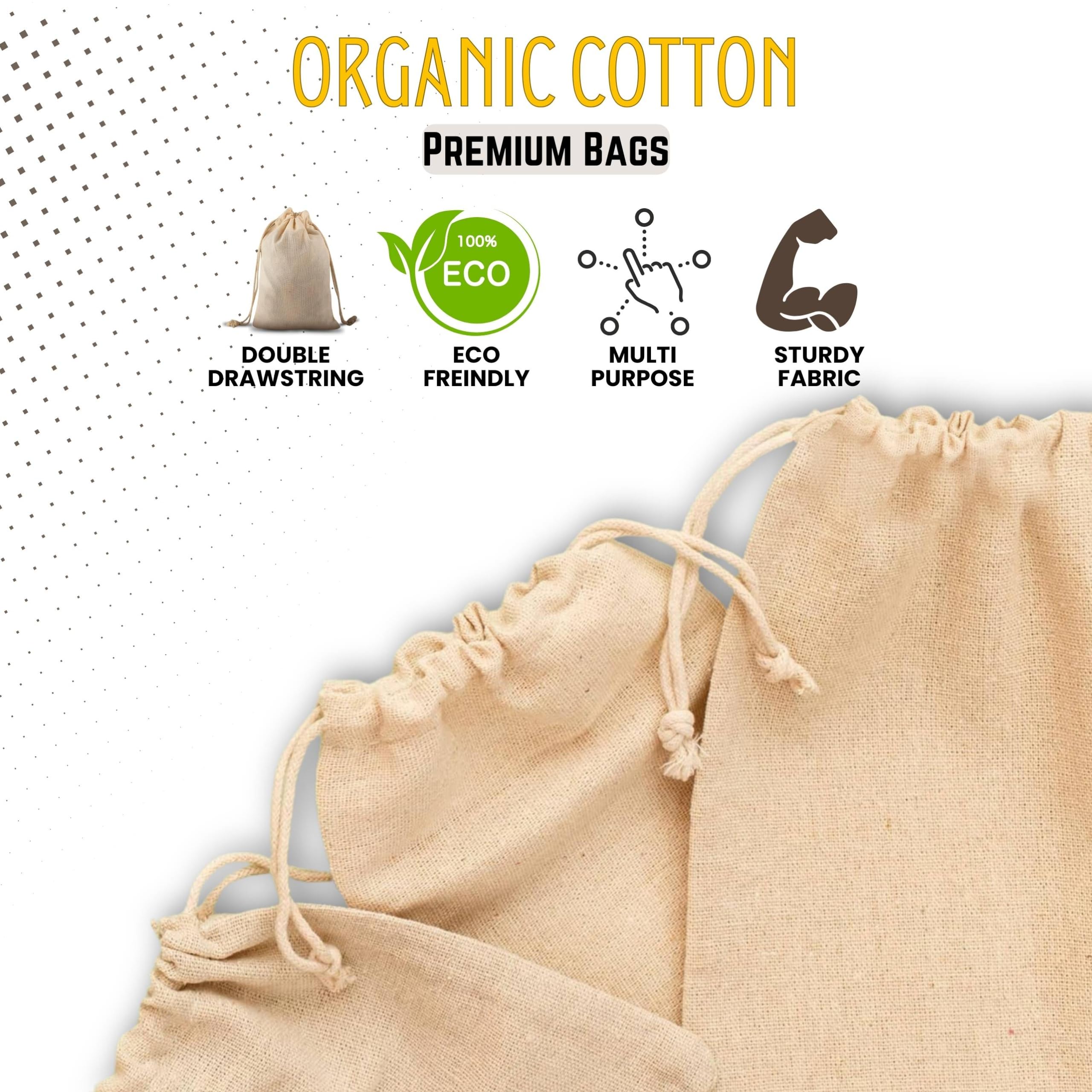Organic Cotton Muslin Bags with Drawstrings - 100% Natural, Washable & Biodegradable Food-Safe Storage Bags for Produce, Bulk Foods, and Travel Snacks