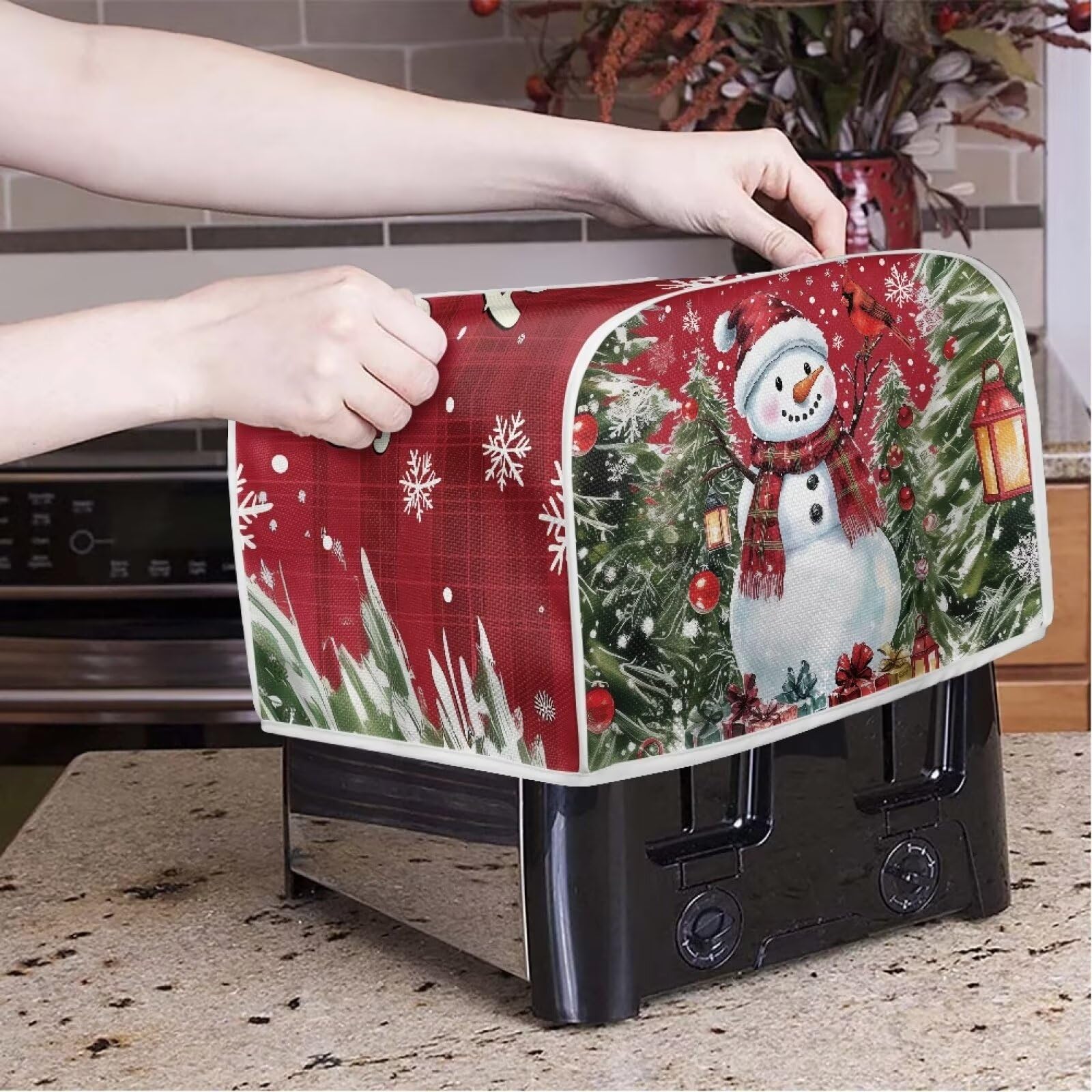 Snowman Pattern Two-Slice Toaster Cover - Christmas Kitchen Decoration & Small Appliance Protector | Dustproof Microwave Oven Cover for Holiday Decor & Stain Prevention | Perfect for Festive Kitchens & Gift-Giving