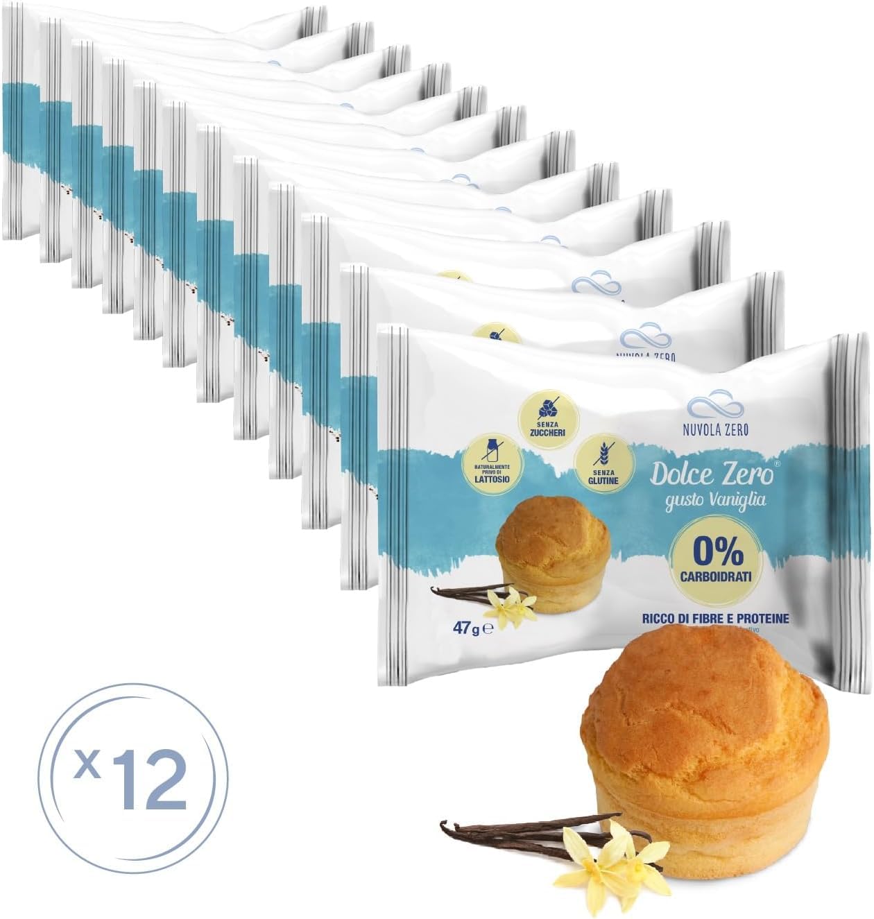 Nuvola Zero - Dolce Zero Vanilla Mini Cakes | Sugar-Free, Carb-Free, Lactose-Free, Gluten-Free | High in Fiber | 12-Pack | Made in Italy | Perfect for Keto Diet, Diabetics & Healthy Snacking