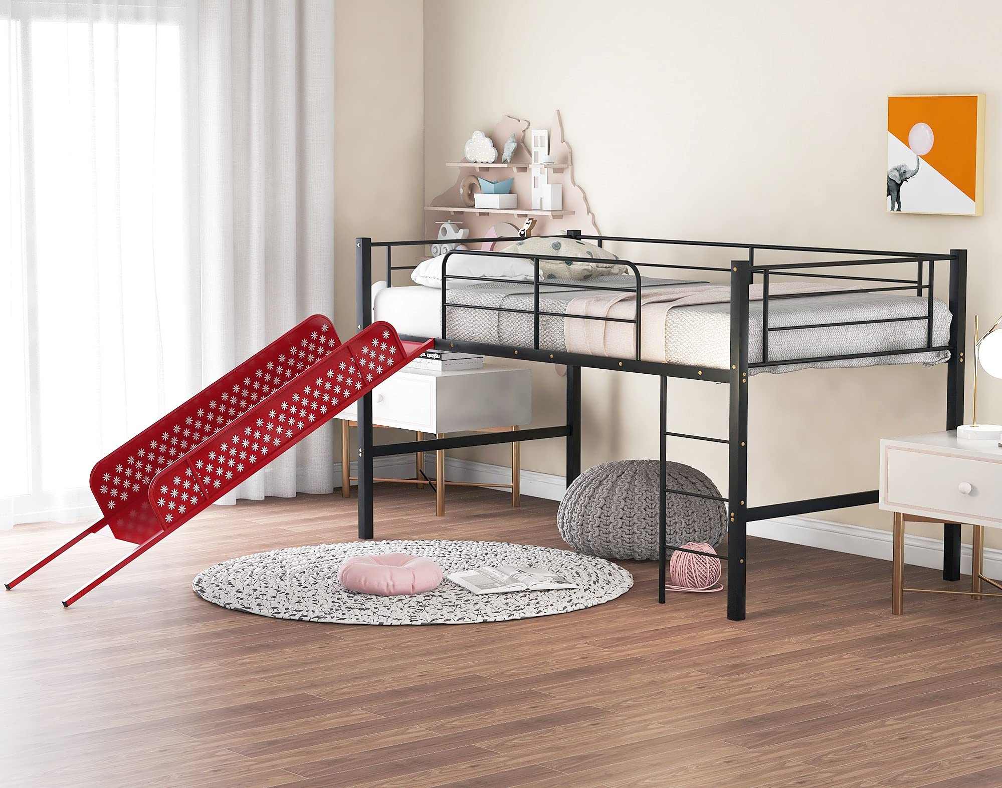 **Kids Twin Loft Bed with Slide - Sturdy Metal Low Loft Bed, Built-in Ladder & Safety Guard Rail, Multifunctional Space-Saving Design, No Box Spring Required (Red) - Perfect for Small Bedrooms, Playrooms & Dorm Rooms**