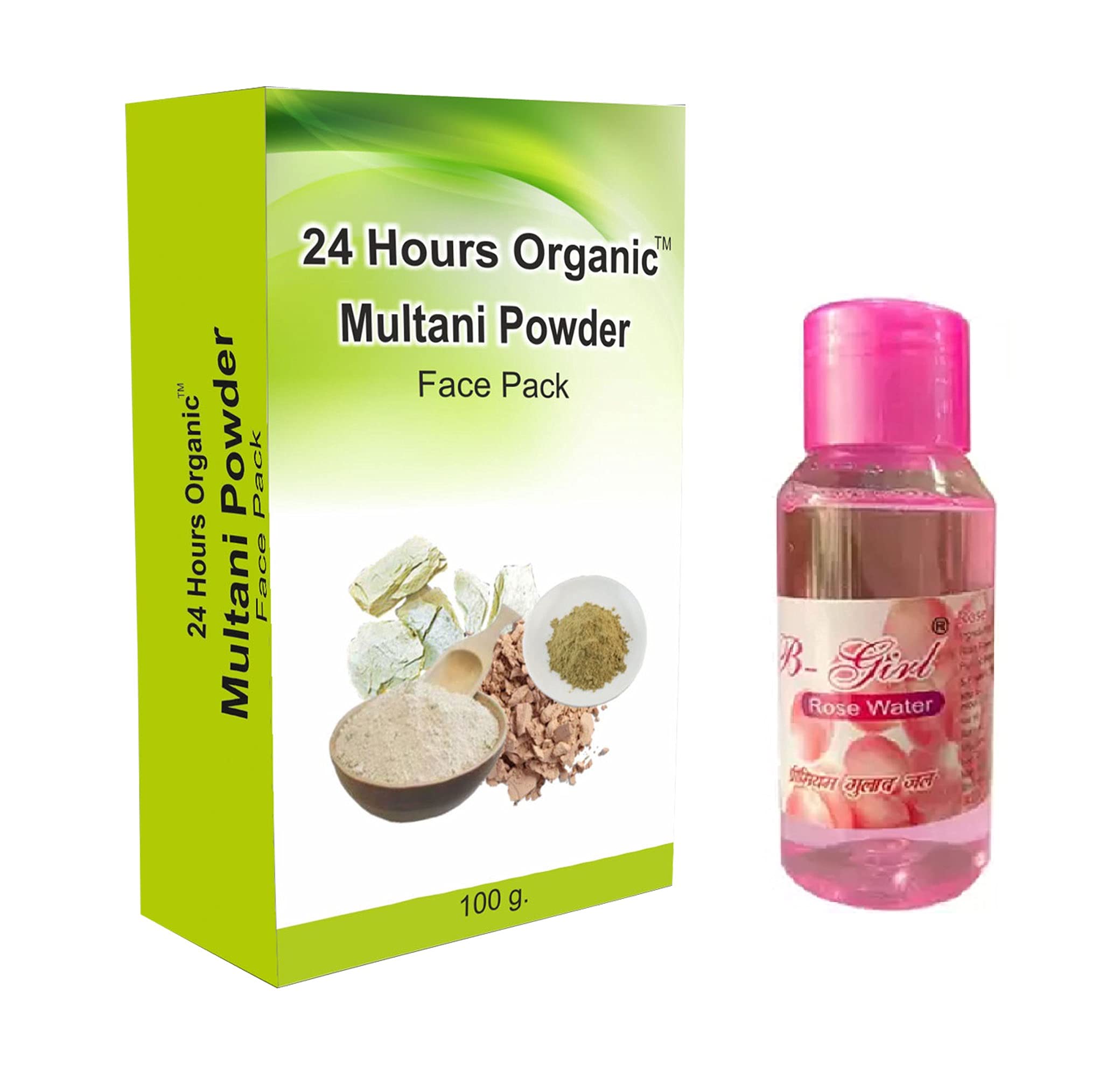 24 Hours Organic Multani Mitti Powder for Face Pack - 100% Pure & Natural Fuller's Earth Bentonite Clay - Anti-Tan & Skin Brightening - 100g with Free Rose Water - Perfect for Glowing Skin, Acne Treatment & DIY Beauty Masks at Home
