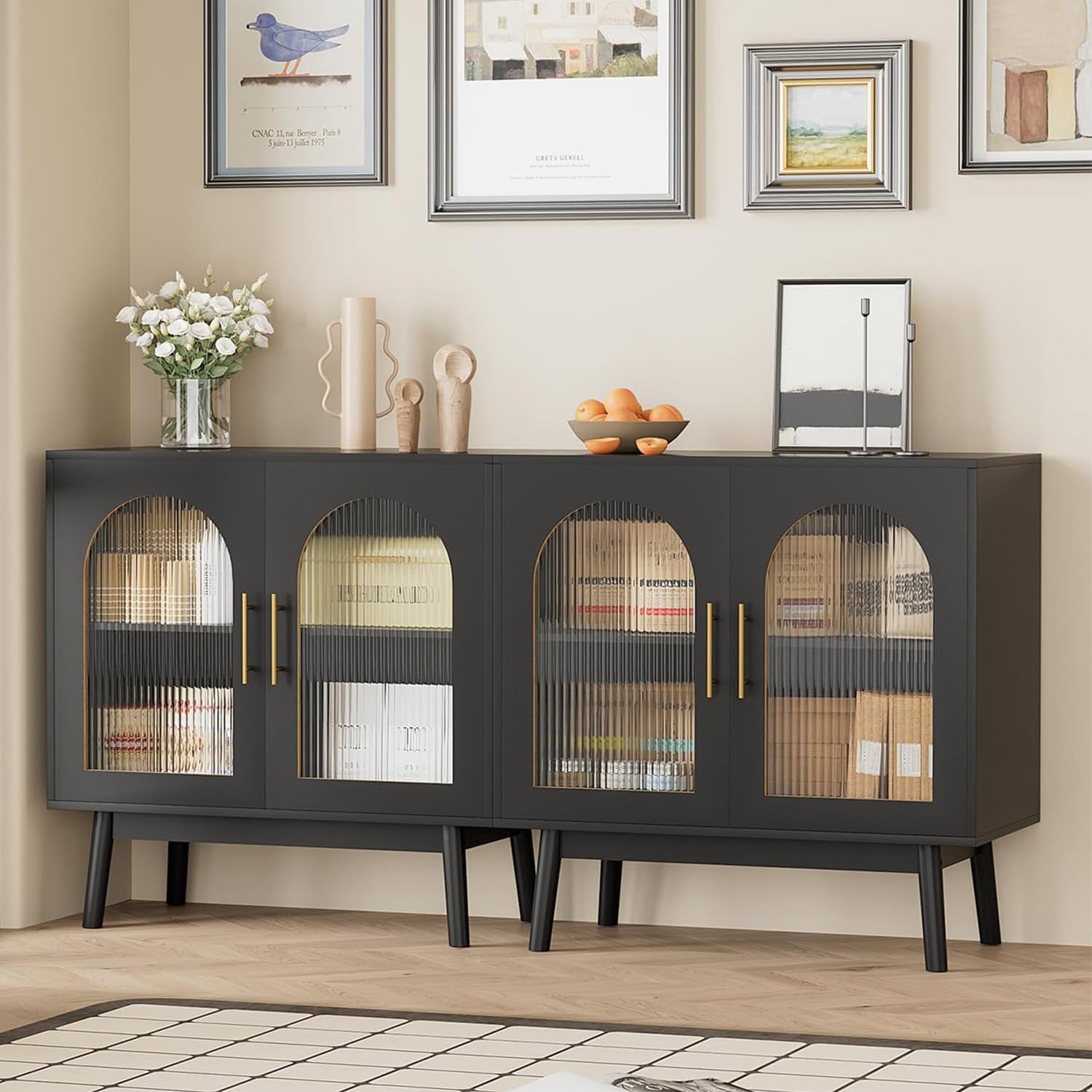 Modern Black Sideboard Buffet Cabinet with Glass Doors & Storage - Kitchen, Dining Room, Living Room Accent Furniture (Set of 2) | Perfect for Home Entryway, Hallway Organization & Stylish Display